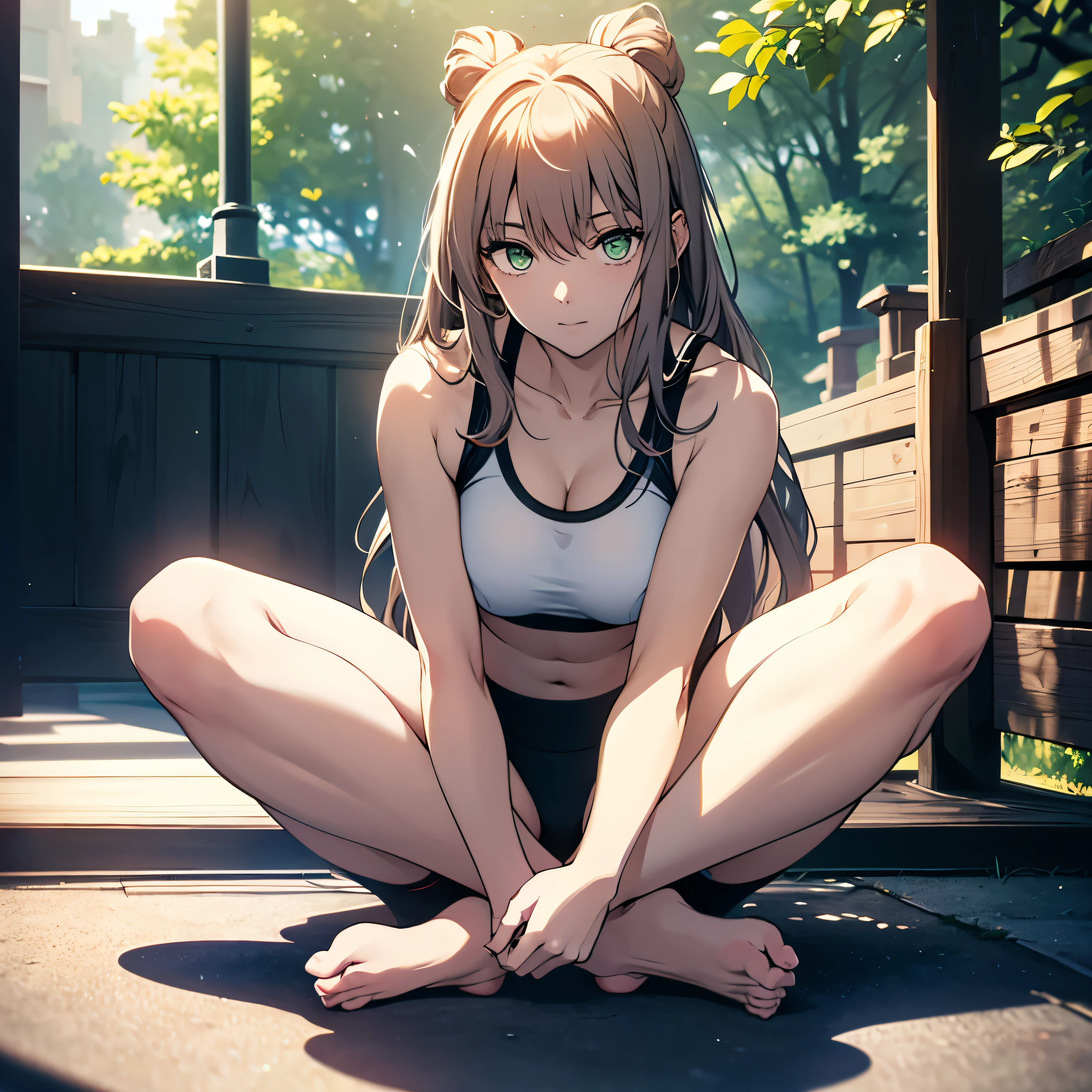 (Very detailed CG Unity 8k wallpaper)、(masterpiece)、(highest quality)、(Very detailed)、(Best illustrations)、(Best Shadow)、alone、One Girl、Green Eyes、Big Eyes、（（whole body））、（（Yoga poses））、side、Leg spread、Sports Bra、Relaxing lighting、Bright colors、Natural light、Hands above head、side sweat、180°Leg spread
