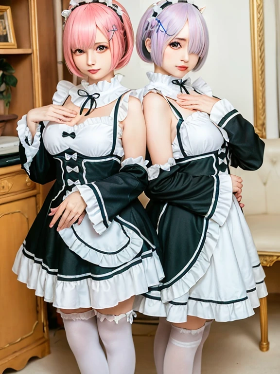 (8K, Photorealistic, Raw photo, of the highest quality: 1.3), (1girl in), Super beautiful, (Realistic face), (boyish, light blue Color Berry Shorthair),(8K, Photorealistic, Raw photo, of the highest quality: 1.3), (1girl in), Super beautiful, (Realistic face), (boyish, pink Color Berry Shorthair), Beautiful , Glare that captivates the viewer, Beautiful expression, Beautiful breasts, (Realistic skin), Be...Create a detailed and colorful image of Ram and Rem from Re:Zero, standing back-to-back in their maid outfits, with a magical fantasy background、14years old, two girls,cute, perfect face, beautiful, nice body, gothic lolita clothes, gothic lolita fashion, frilly skirt, headdress, necklace, bracelet, knee-high socks, boots, double eyelids, tear bags, Detailed down to the fingers, photo-like description, indoors, dim indoor lighting, one girl is pink hair and short bob, another girl is light blue hair and short bob,standing, whole body, composition that shows the whole body, smiling,The Both of them are wearing the same type of maid outfit