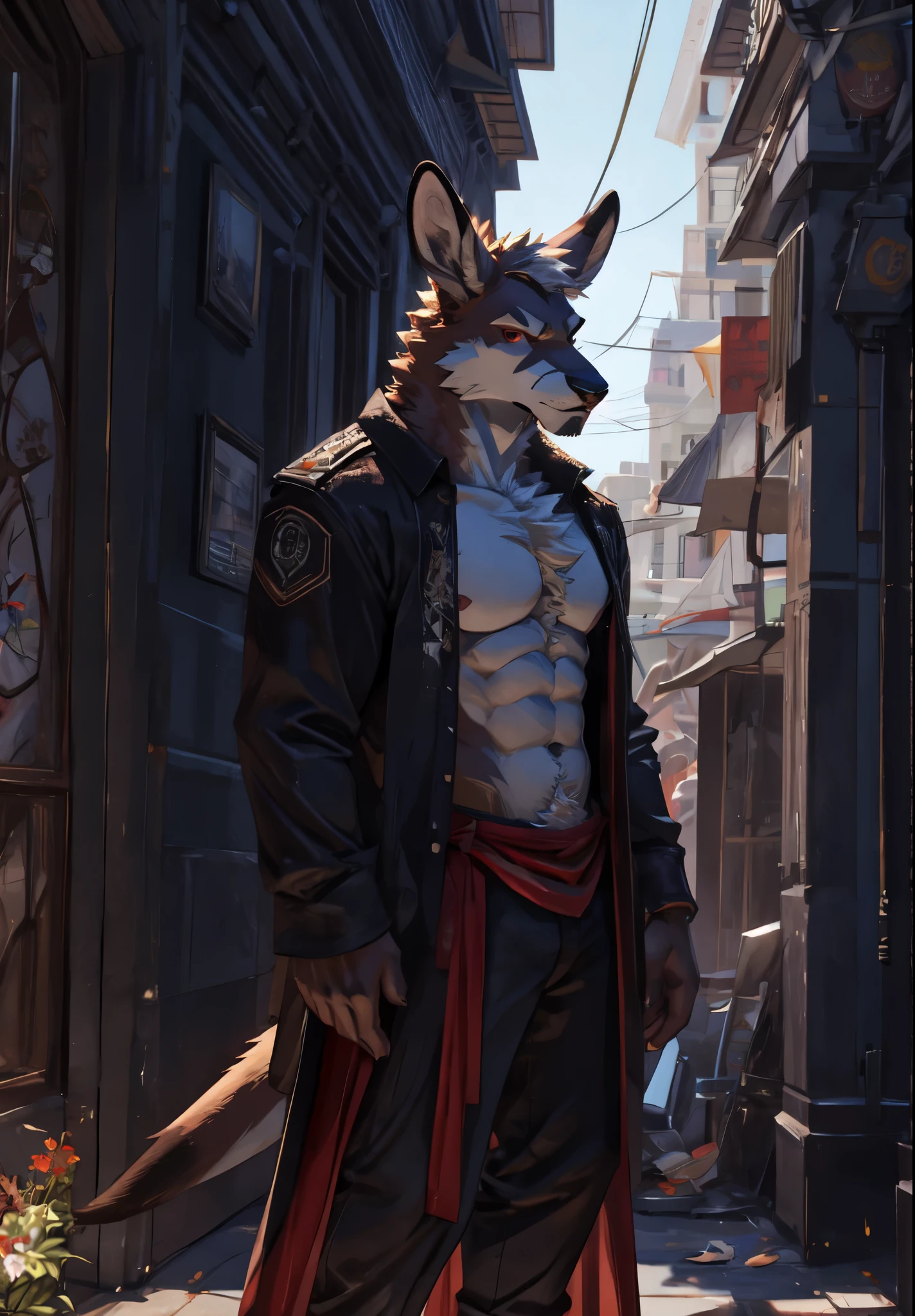 there is a Kangaroo standing in a city under the rain, half naked elder kangaroo with a large tattoos, red eyes, angry face, bare chest, huge crotch, veins, fluffy chest, Sexybody, muscular, anthropomorphic, extra detailed body, detailed body, Best quality, masterpiece, ultra high res,detailed background,realistic, real shadow and light, depth of field, (looking at viewer), bare chest, Elder kangaroo, Kangaroo.