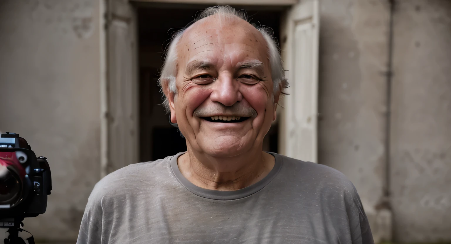 Visage parfait Tête jusqu’au épaule , grandfather laughing facing camera , teeshirt rouge , cinematographic camera , centrée au milieu de l’image