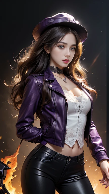 8k, Ultra HD, Masterpiece, high definition color, 1 woman, perfect face, I have very long curly hair., Detailed eyes, ((purple leather jacket)), ((White Vest)) rock star hat, tights, ((Lined with lace)), ((chain)), star, Navel only, jewelery, realistic club, stage lighting, (set on fire:1.5), Nightclub, stage decoration, Bulbs, (glowing light:1.5), Light in full bloom, fog effect, front body position,