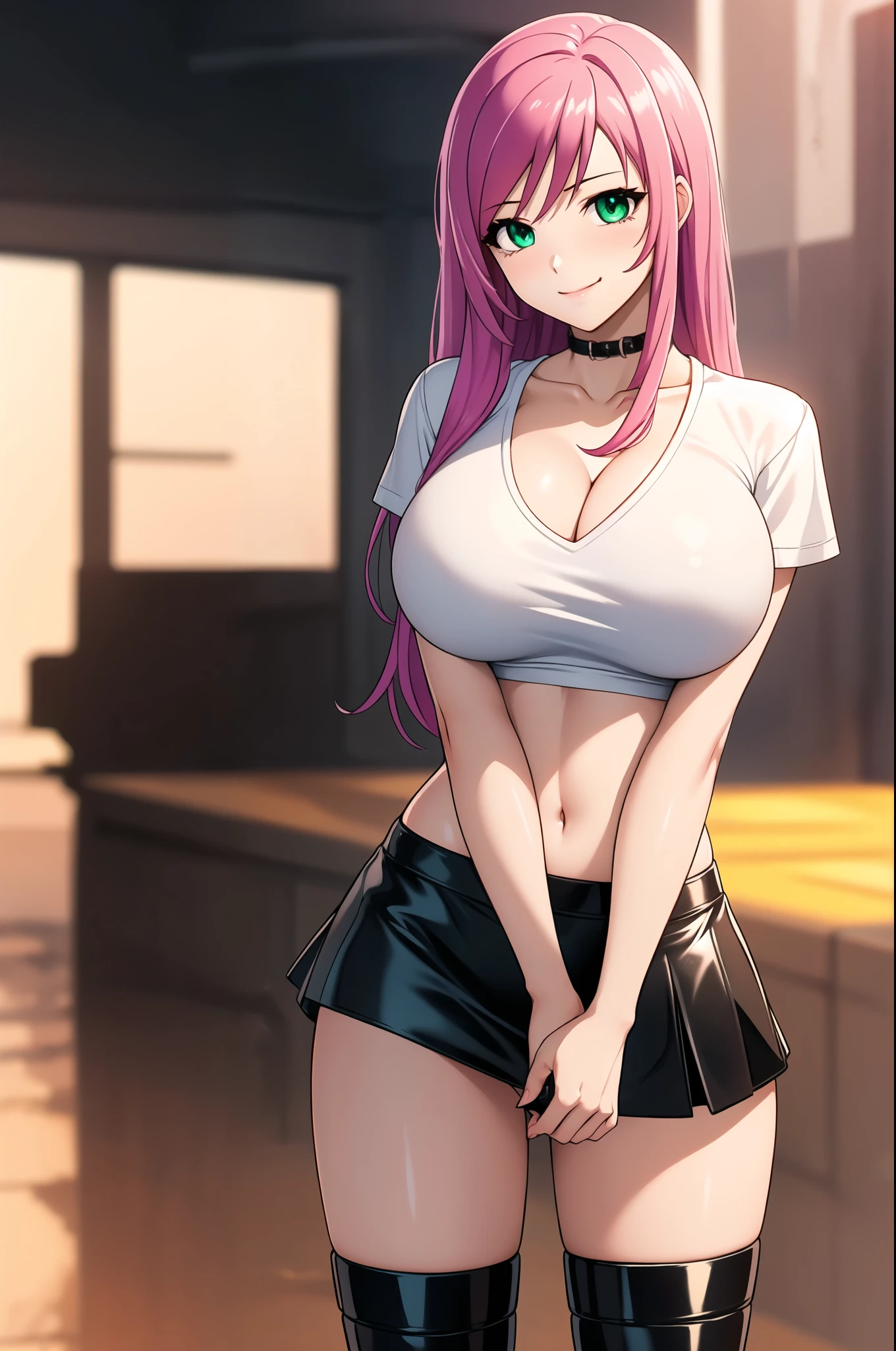 1 girl, 19 years old, Long pink hair, green eyes with slit pupils, master-piece, best quality, (standing up), (white shirt), (white v-neck crop t-shirt, black leather pencil mini skirt, patent leather high heel boots, cleavage),  (Big , ultra gigantic , Super super big, Glamorous body), Make eye contact with the camera, front figure, looking forward, (light_Smile:1.5), (Detailed hands and fingers:1.2) (Cyberpunk City), (FULL BODYSHOT), thighs thighs thighs thighs、beauty legs、