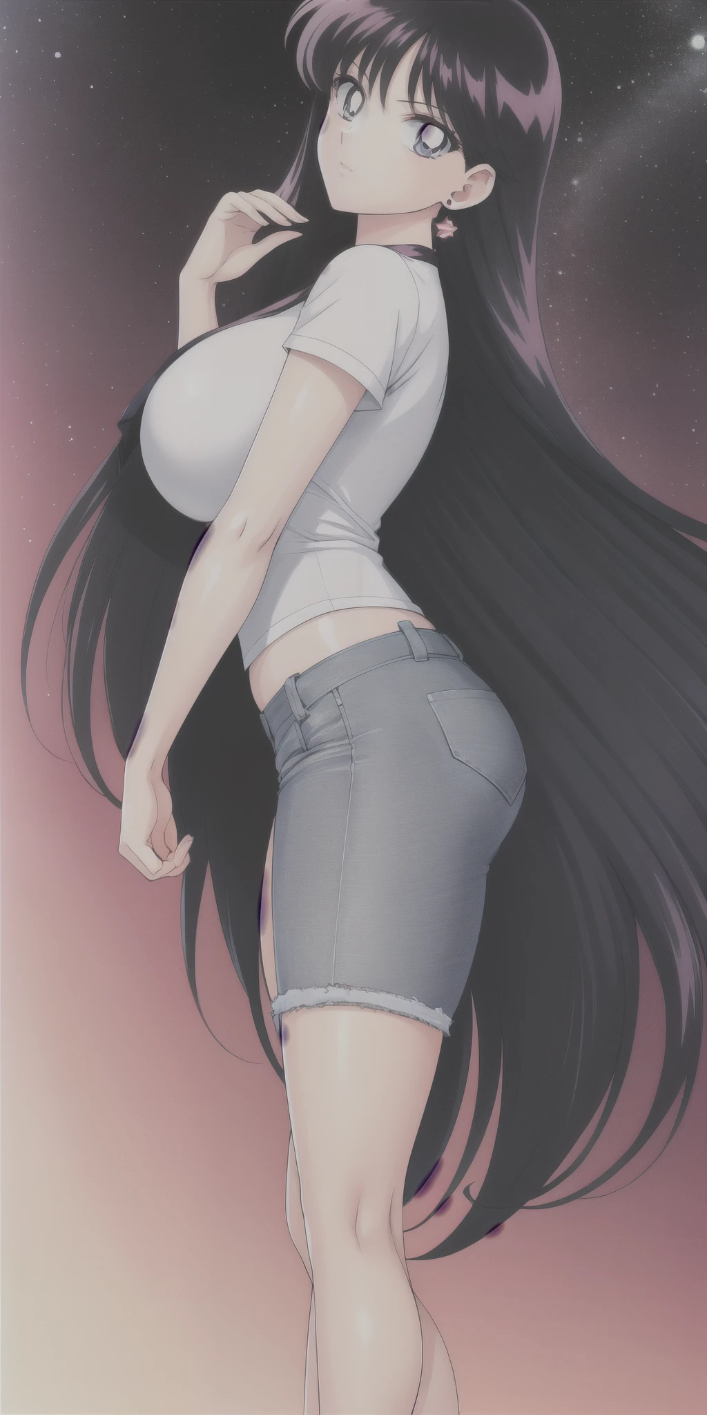 hino_rei, huge_breasts, standing, solo, denim_shorts, starry_sky,, masterpiece, best quality, detailed face, detailed eyes, highres,