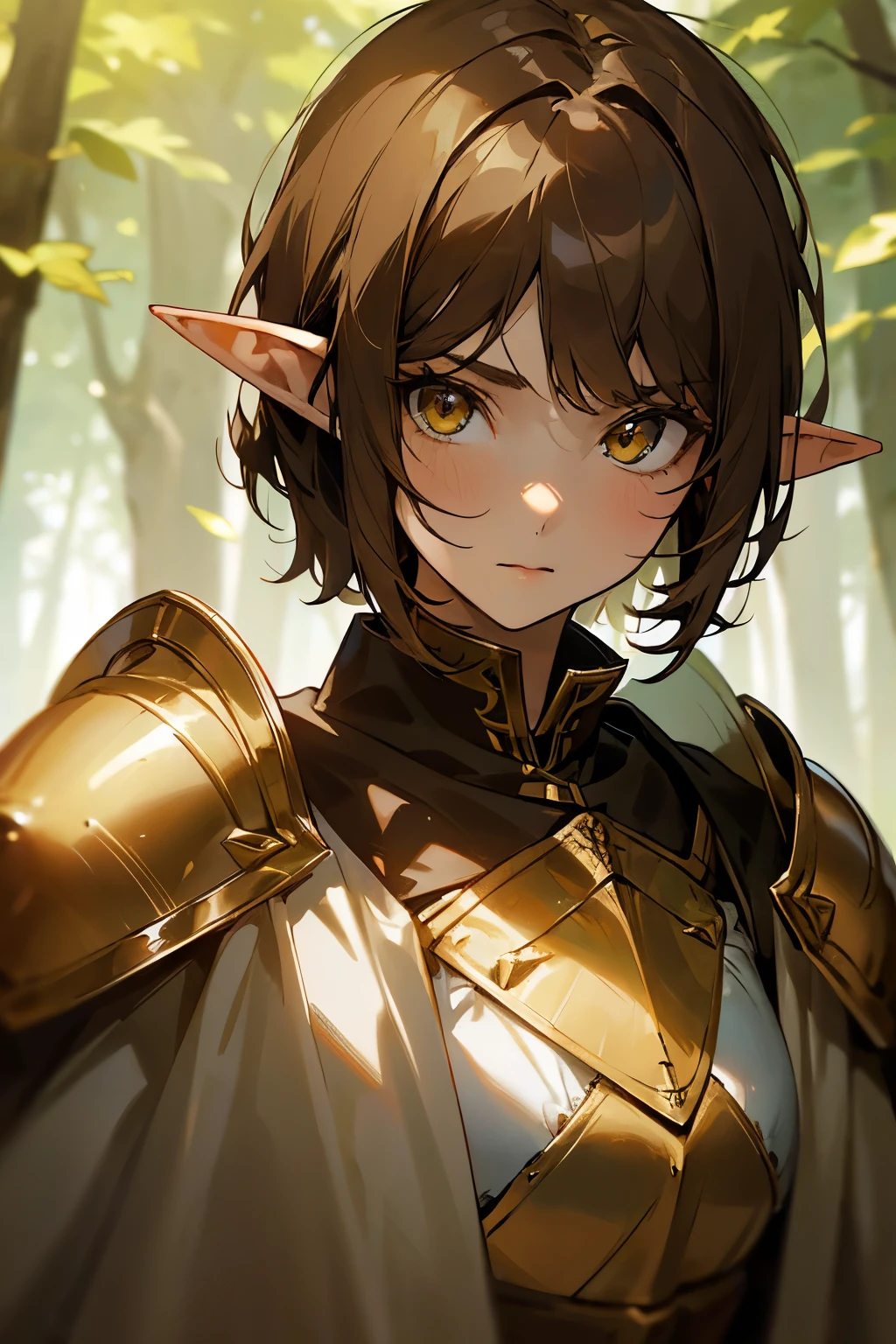 (1Girl, Elf, Short brown hair, amber eyes color, wearing light medieval armor, neutral pose and face), (In a forest)