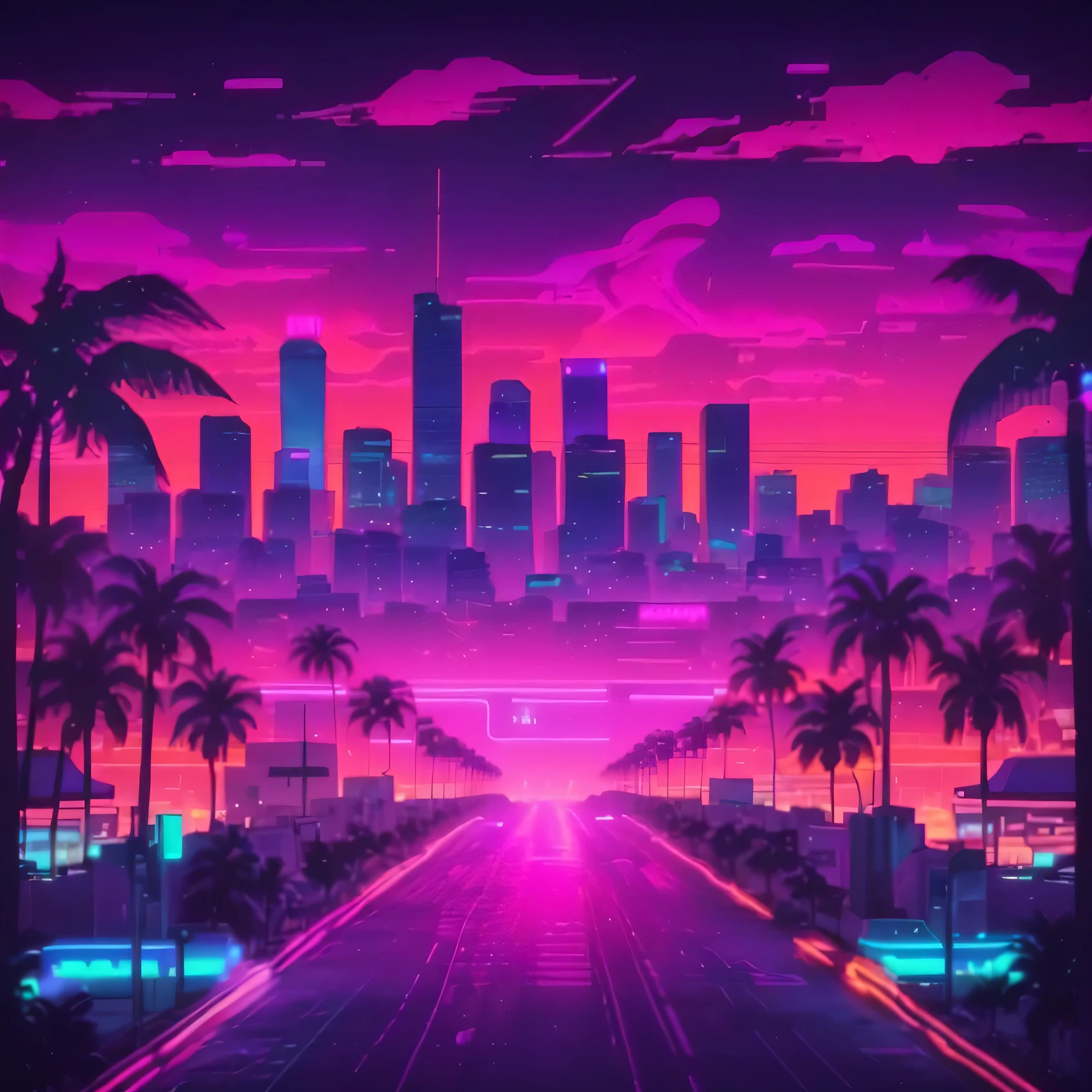 a city skyline with palm trees and neon lights in the background, synthwave city, synthwave, synthwave image, miami synthwave, synthwave aesthetic, synthwave art, (synthwave), epic retrowave art, 80s style synthwave, retrowave vibes, synthwave style, 8 0 s synthwave, ((synthwave)), synthwave inspired