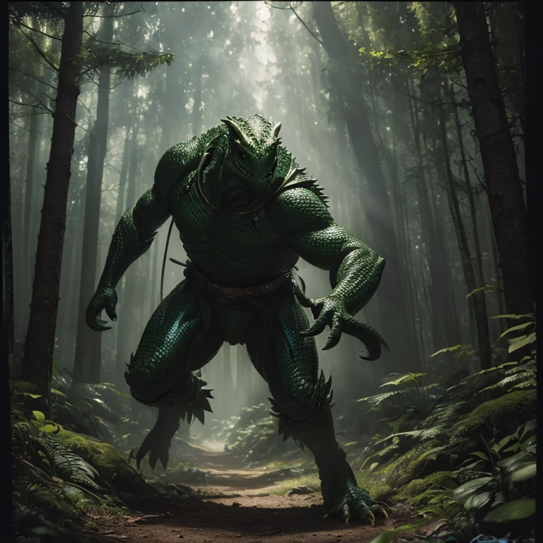 (master piece:1.5), (best quality:1.5), (exquisite lighting and shadow, highly dramatic picture, cinematic lens effect) (Photorealistic picture) (Card game image) 8k, wallpaper, dynamic pose, full body lizard man in a forest, sharp focus, highly detailed, realistic, cinematic lighting, studio quality
