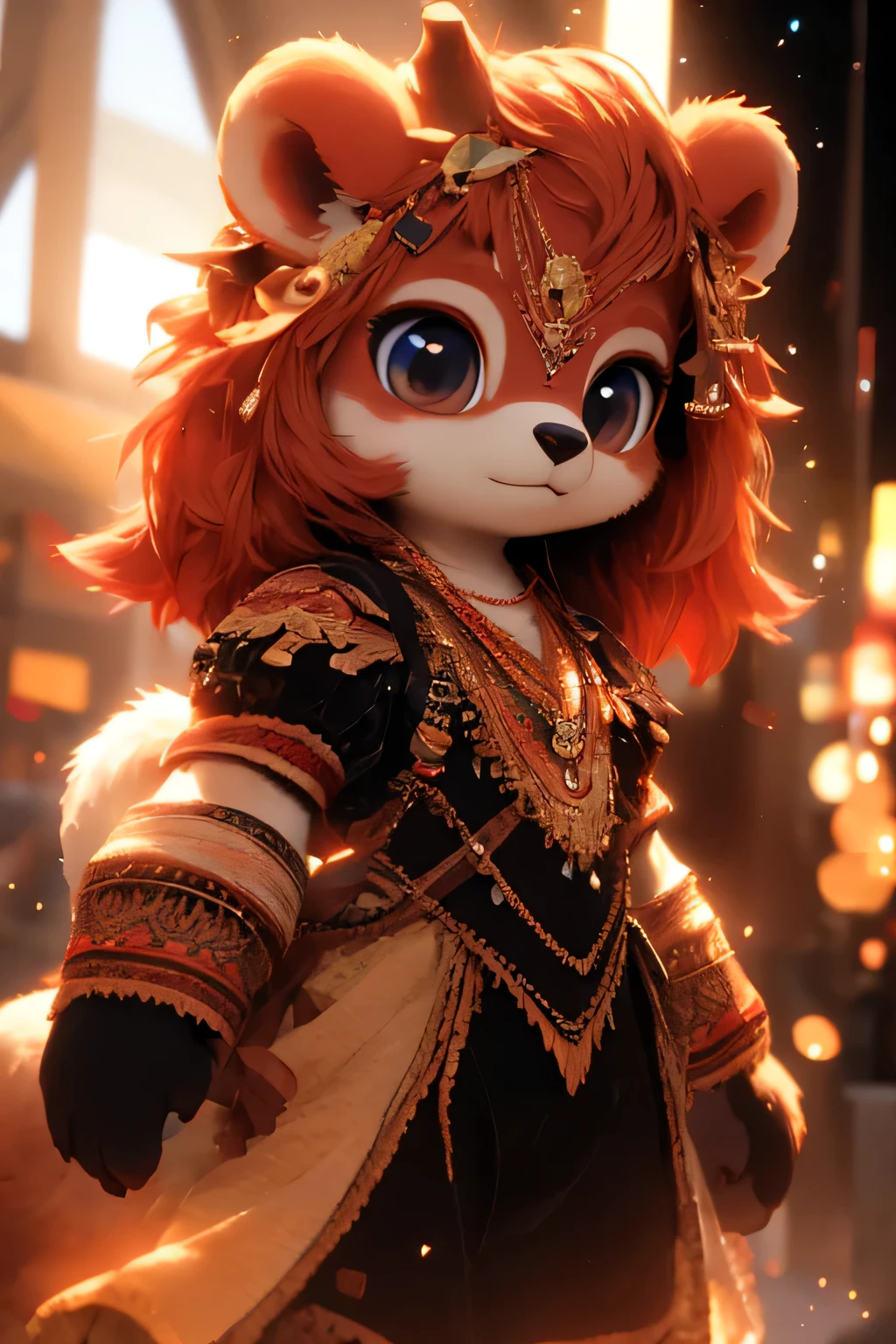 Bobby BearHug is an anthropomorphic bear with red fur, black eyes and white pupils, a black nose, rounded ears, and padded paws. Her paws and upper-snout are a lighter shade of red, similar to the inside of her ears. She wears a black necklace sporting a ruby-colored heart pendant.close up angle of a cute faced 3S , sunny day, animal, deep bokeh, beautiful, dark cosmic background, Visually delightful, 3D, chibi,
(masterpiece:1.2), (best quality:1.2), newest, ai-generated, ultra-detailed, best shadow, detailed background, high contrast, (best illumination, an extremely delicate and beautiful), ((cinematic light)), hyper detail, dramatic light, intricate details, 8k, anime, very aesthetic, depth of field, (vibrant colors)