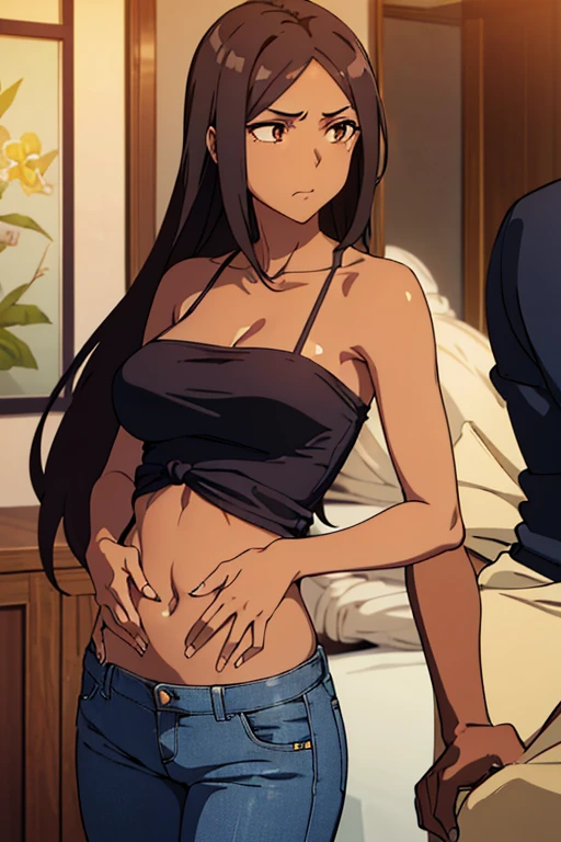 ((best quality)), ((masterpiece)), (detailed), perfect face, brown skin anime woman in a deep v neck tied top, (bare shoulders), (jeans trousers), famished in hunger, (gently resting hands on stomach), (long hair), (hands on her stomach), (slim woman), (shiny body), (shiny arms), her stomach growls in front of a boy, she is embarrassed, she is nervous