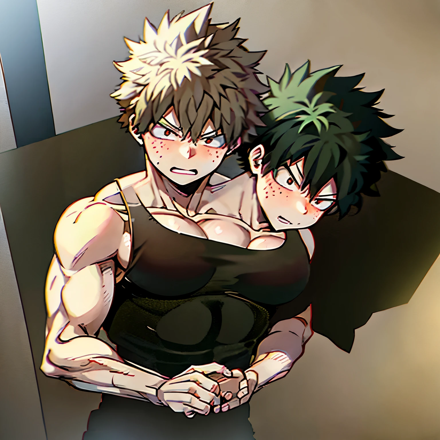 absurdres, Bakugou Katsuki (My Hero Academia) and Izuku Midoriya, bare shoulders, black tank top, green hair, green eyes, eyebrows, freckles, furrowed brow, blurry, blurry background, boku no hero academia, curly hair, highres, looking away, male focus, muscular, muscular male, open mouth, red eyes, short hair, spiked hair, sweat, tank top, twitter username, wiping sweat, (two heads), big breast