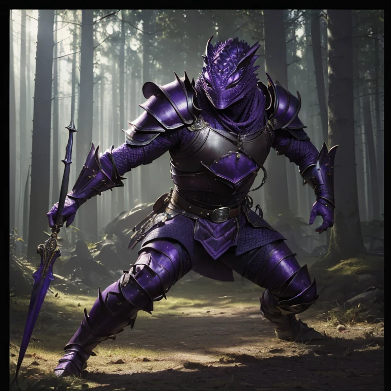 (master piece:1.5), (best quality:1.5), (exquisite lighting and shadow, highly dramatic picture, cinematic lens effect) (Photorealistic picture) (Card game image) 8k, wallpaper, dynamic pose, full body lizard man warrior, wearing a purple leather armor, holding a spear, big house in a forest background, sharp focus, highly detailed, realistic, cinematic lighting, studio quality
