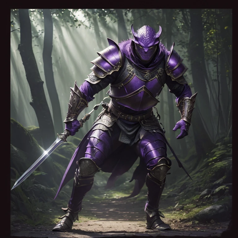 (master piece:1.5), (best quality:1.5), (exquisite lighting and shadow, highly dramatic picture, cinematic lens effect) (Photorealistic picture) (Card game image) 8k, wallpaper, dynamic pose, full body lizard man warrior, wearing a purple leather armor, holding a spear, big house in a forest background, sharp focus, highly detailed, realistic, cinematic lighting, studio quality
