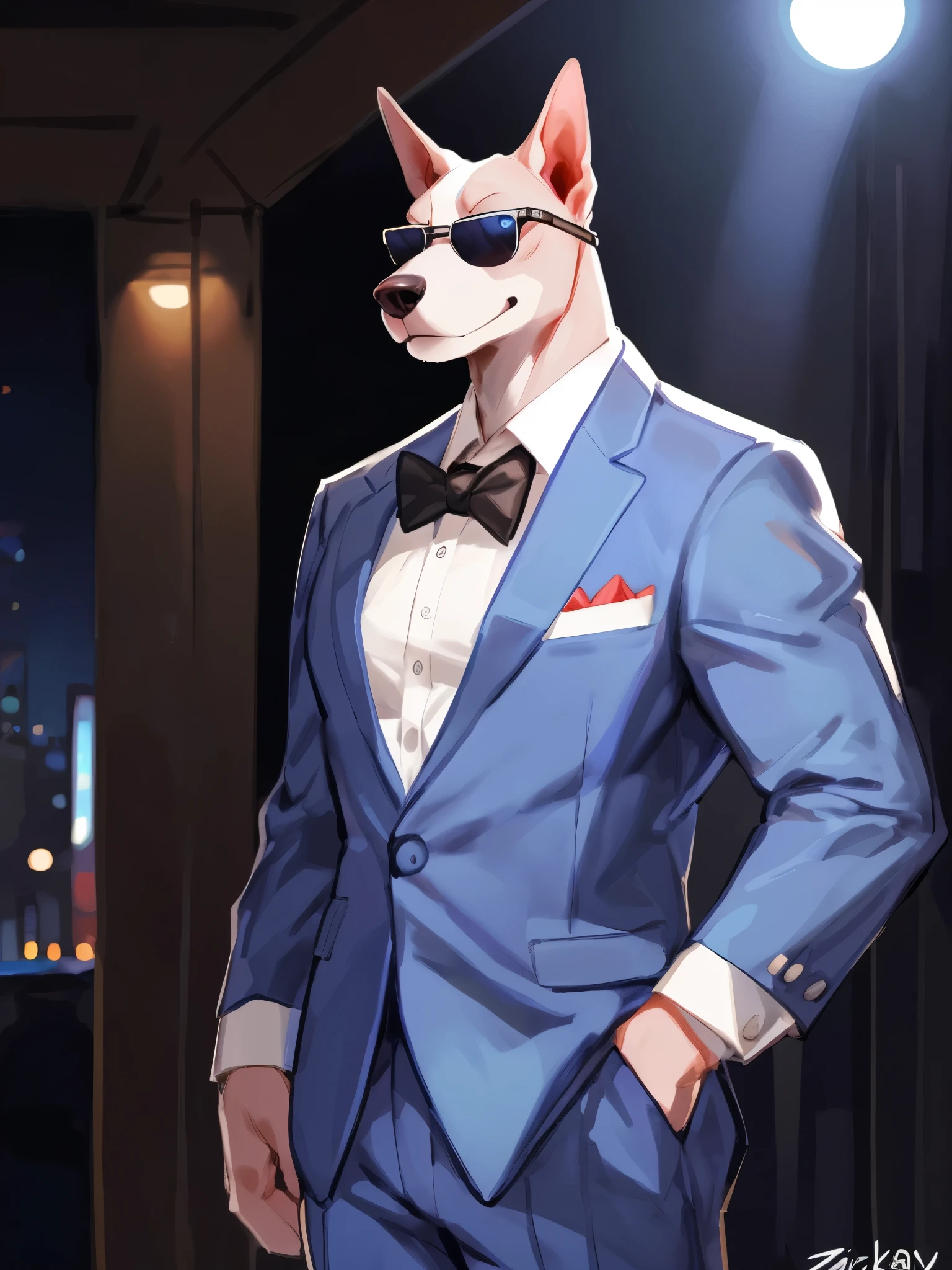 ((Best quality, masterpiece, detailed anatomy, detailed eyes, detailed hands, perfect lighting, perfect shading.)), by Bebebebebe, by K0bit0wani, by Zackary911, 1Male, solo, low-angle view, Pitbull, white furs, dark blue eyes, big muscular body, adult body, unbuttoned suit, unzipped pants, presenting penis, canine penis, knot, sunglass, In front of the night club entrance
