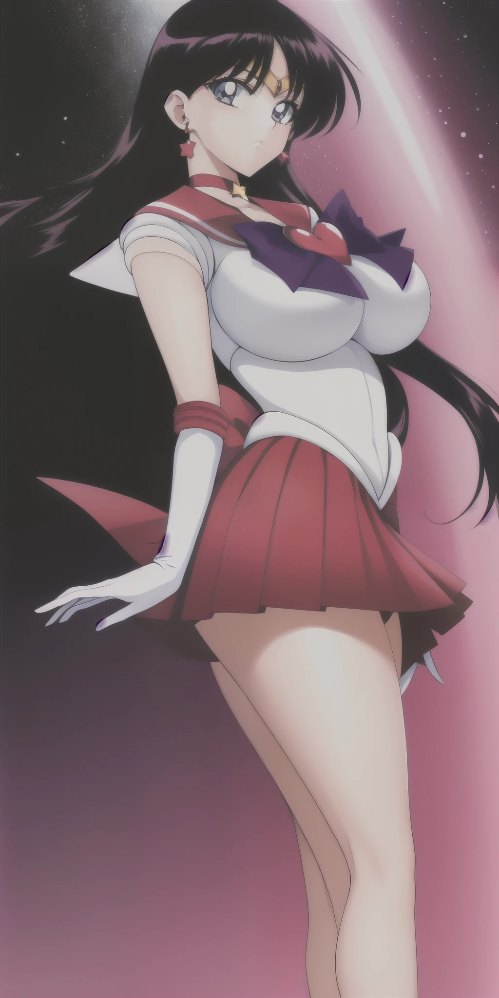 hino_rei, huge_breasts, standing, solo, White_leotard_Red_sailor_collar_Red_miniskirt_White_gloves_Red_high_heels_Star_choker_Purple_bowtie_Red_back_bow_Circlet_Heart_brooch_See-through_sleeves, starry_sky,, masterpiece, best quality, detailed face, detailed eyes, highres,
