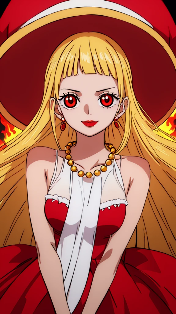 Beautiful anime girl, solo, 1girl, looking at viewer, cute,beautiful, red eyes, open hair, blonde hair, long hair, bangs, wearing a strawhat, Monkey D luffy's strawhat, one piece, smiling, smooth skin, light skin, red lips, golden earings, anime, best quality, masterpiece, extremely detailed, 4k, red eyes, beautiful red eyes, detailed face, detailed eyes, red dress, golden necklace, standing, fiery background, stable eyes, extremely beautiful, highres, high quality eyes,