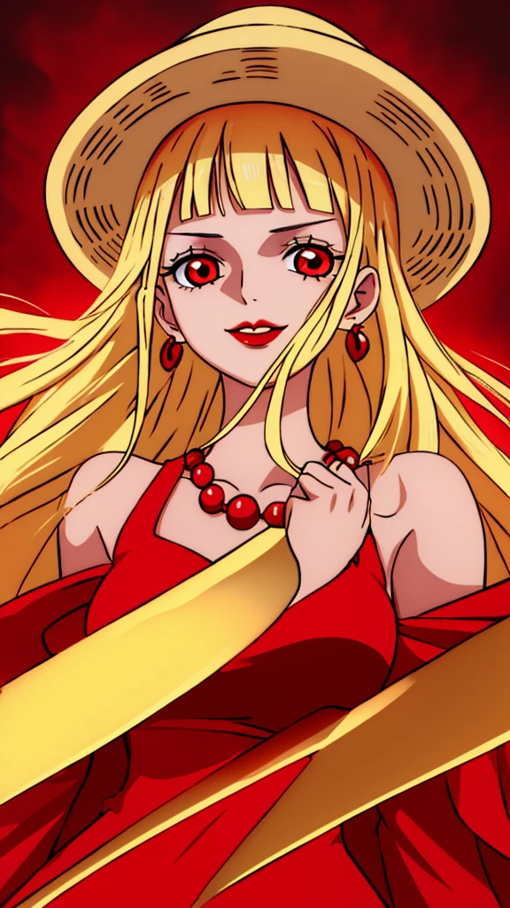 Beautiful anime girl, solo, 1girl, looking at viewer, cute,beautiful, red eyes, open hair, blonde hair, long hair, bangs, wearing a strawhat, Monkey D luffy's strawhat, one piece, smiling, smooth skin, light skin, red lips, golden earings, anime, best quality, masterpiece, extremely detailed, 4k, red eyes, beautiful red eyes, detailed face, detailed eyes, red dress, golden necklace, standing, fiery background, stable eyes, extremely beautiful, highres, high quality eyes,