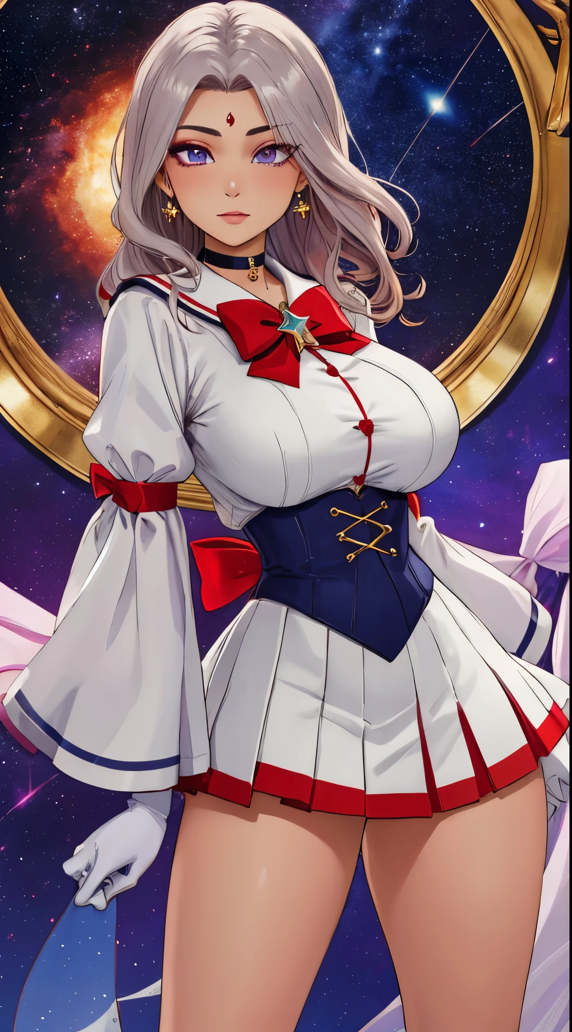 hino_rei, huge_breasts, standing, solo, White_leotard_Red_sailor_collar_Red_miniskirt_White_gloves_Red_high_heels_Star_choker_Purple_bowtie_Red_back_bow_Circlet_Heart_brooch_See-through_sleeves, starry_sky,, masterpiece, best quality, detailed face, detailed eyes, highres,, kkw-ph1,