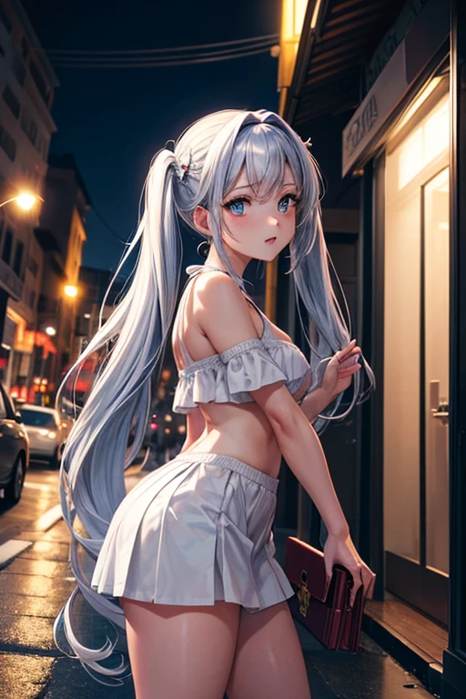 obra de arte, melhor qualidade, HuTaoV4, 1 garota, Sozinho, corar, twintails, Cabelo longo, cabelo entre os olhos, ((roupas de rua)), cidade, ao ar livre, noite, Movie poster, 8K extremamente detalhado, suave, high resolution, ultra qualidade, cinematic lighting, Ambient Occlusion, High definition, 2k, 4K, 8k, 16K, anime extremamente detalhado, rostos detalhados, perfect composition, plano amplo, Atmospheric lighting, muito sexy, saia elevadora, random lumbar angle, sem censura, NSFW, sem censura