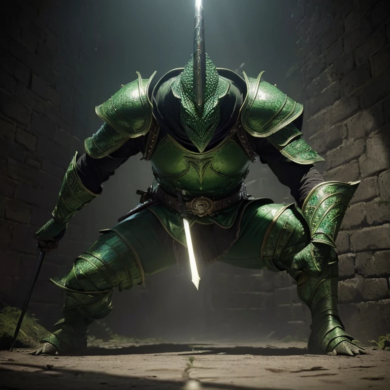 (master piece:1.5), (best quality:1.5), (exquisite lighting and shadow, highly dramatic picture, cinematic lens effect) (Photorealistic picture) (Card game image) 8k, wallpaper, dynamic pose, full body lizard man warrior, wearing a green leather armor, holding a spear, dungeon background, sharp focus, highly detailed, realistic, cinematic lighting, studio quality