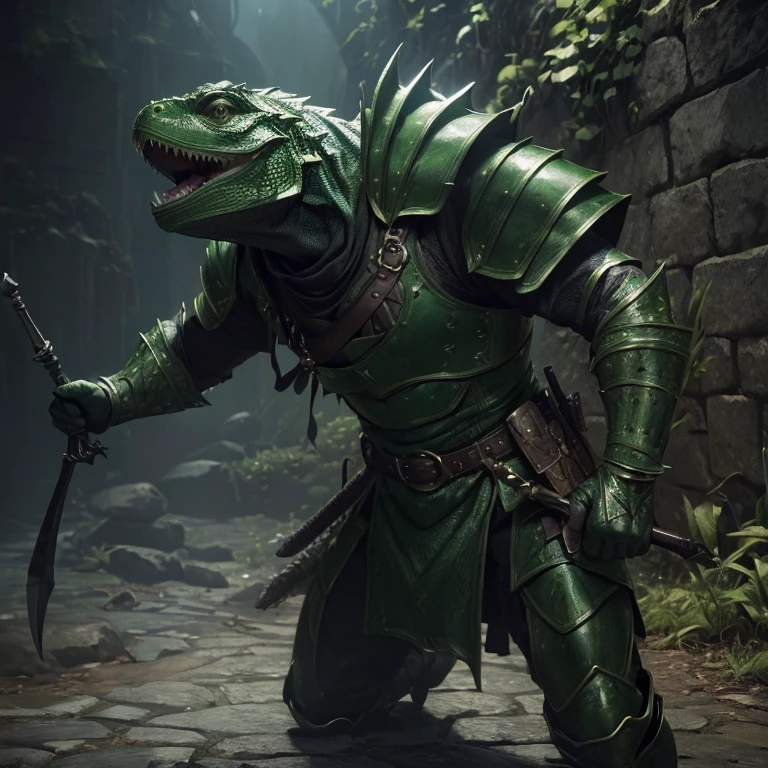 (master piece:1.5), (best quality:1.5), (exquisite lighting and shadow, highly dramatic picture, cinematic lens effect) (Photorealistic picture) (Card game image) 8k, wallpaper, dynamic pose, full body lizard man warrior, wearing a green leather armor, holding a spear, dungeon background, sharp focus, highly detailed, realistic, cinematic lighting, studio quality