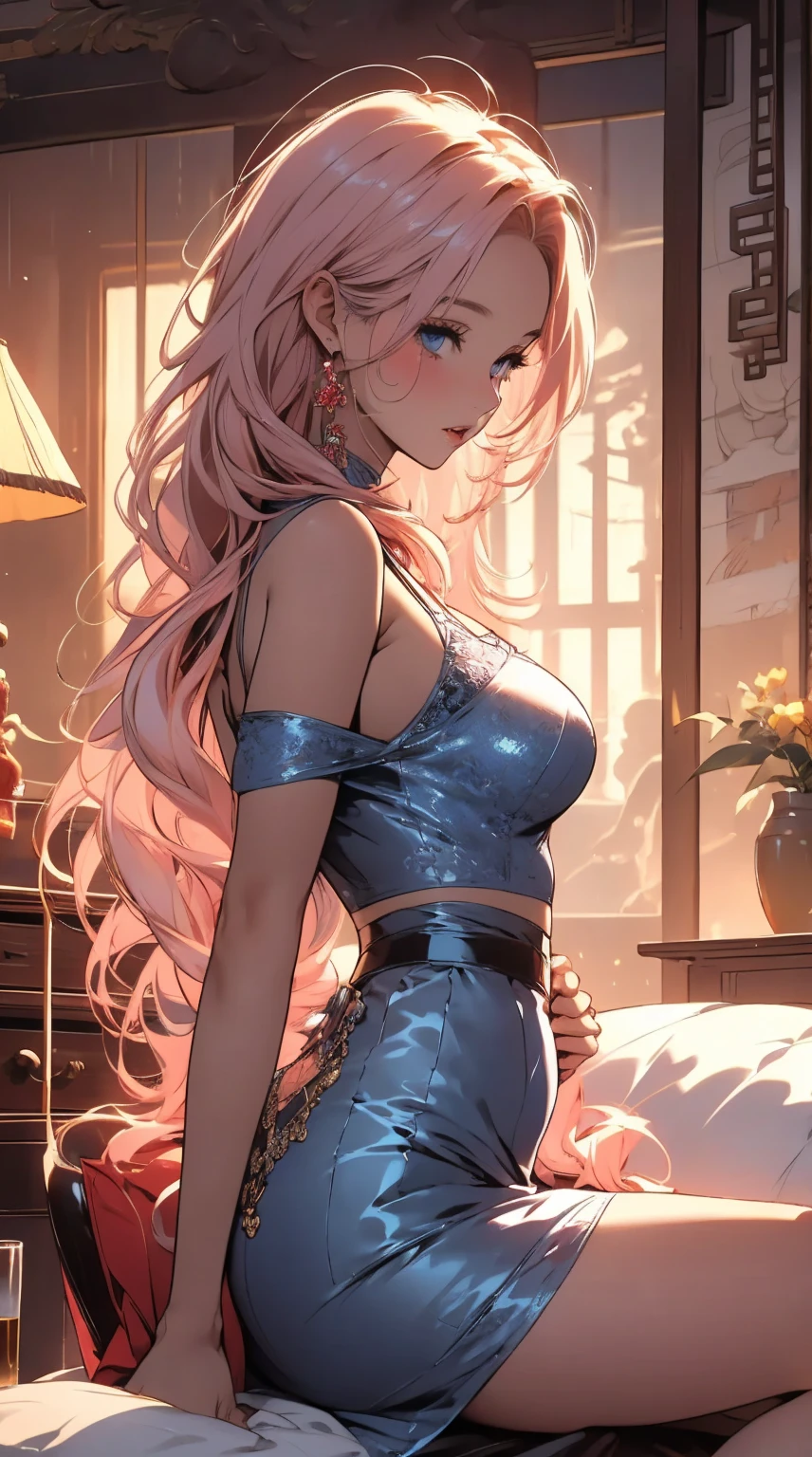 masterpiece,8K,high quality,full body:1.7,Clean blue eyes,open mouth,thin clothes,Very calm and gentle look,Huge bursting breasts,,biggest breasts,Tight waist,A beautiful, shiny, sheer, bright pink dress,,Sheer off-the-shoulder light pink thin lace camisole,red bra, Cute 3D anime Chinese girl rendering, Art Germ and William Bouguereau,Long wavy shiny pink hair,Beautifully detailed body, Chinese Sexy Women,Wide-angle landscape photography:1.6,chinese luxury bedroom,