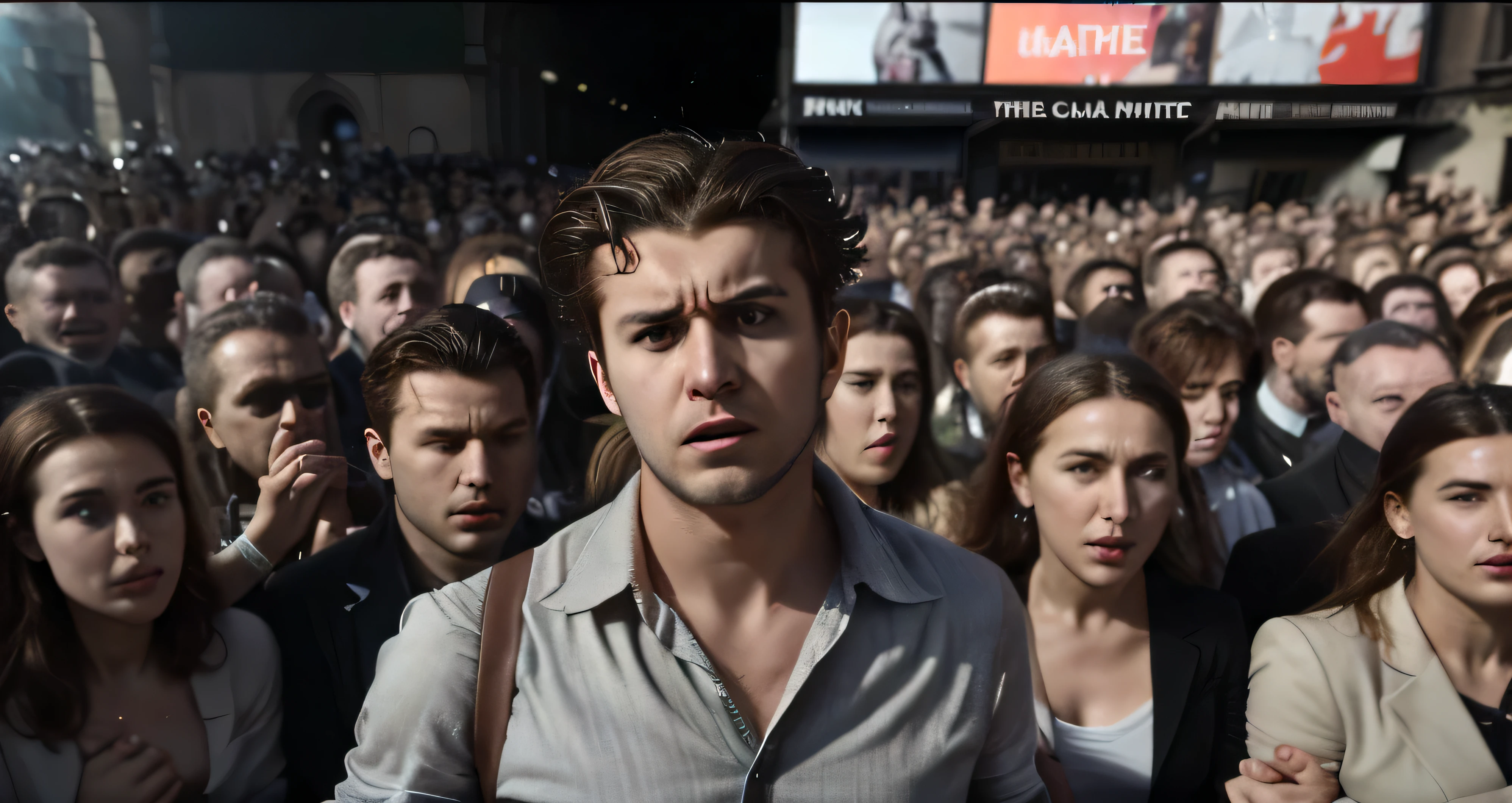 Visage parfait Tête jusqu’au épaule , Angry young man in the middle of the crowd facing camera , cinematographic camera , centrée au milieu de l’image