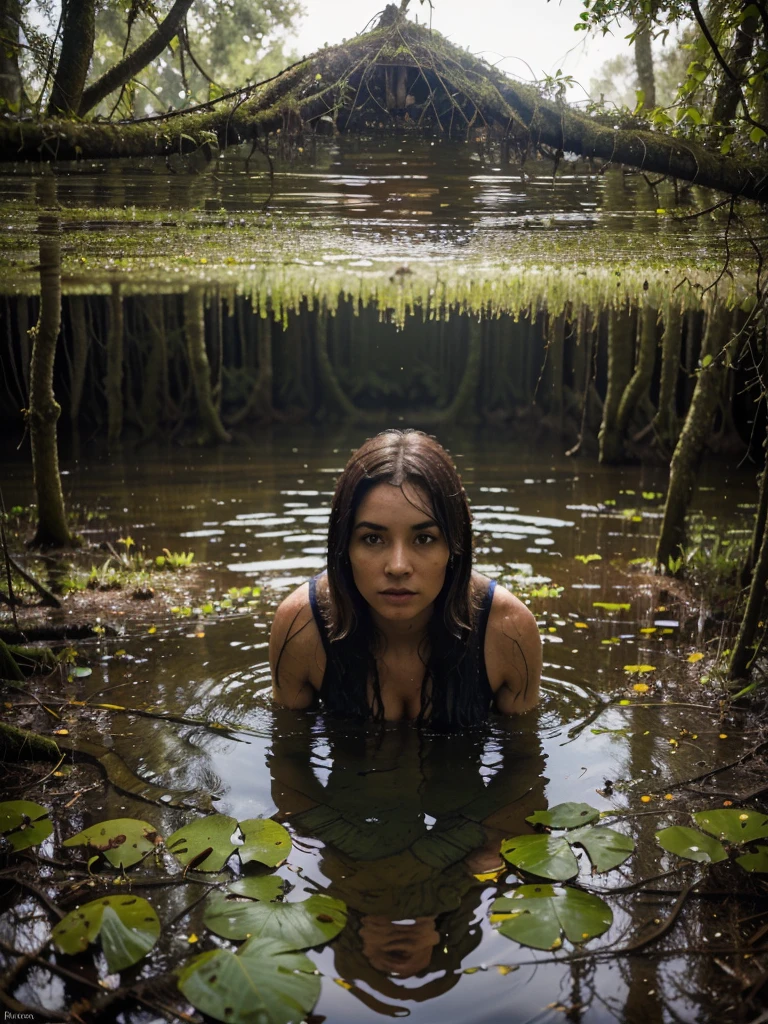 (best quality,4k,highres:1.2),ultra-detailed,(realistic,photo-realistic:1.37),brave woman in a swamp, against danger,semi-body portrait,hyperreal,hdr,intricate,CRU,wetland environment,risk,threat,nature's challenge,dramatic lighting,thick fog,fierce expression,eyes filled with determination,soft sunlight filtering through the trees,reflection on the swamp water,texture of the woman's skin,boldly contrasting colors,moss-covered trees,outstretched branches,reeds swaying in the wind,tangled vines,lotus flowers blooming,cracked ground below her feet,searching for a way forward,murky water,slippery surface,hidden creatures lurking,foreboding atmosphere,breathtaking beauty of the wilderness,unpredictable and untamed environment,reflection of her bravery,rejection of fear and uncertainty,empowerment,strength,adventure,accomplishment,discovery,escape,evasion,mystery,solitude.