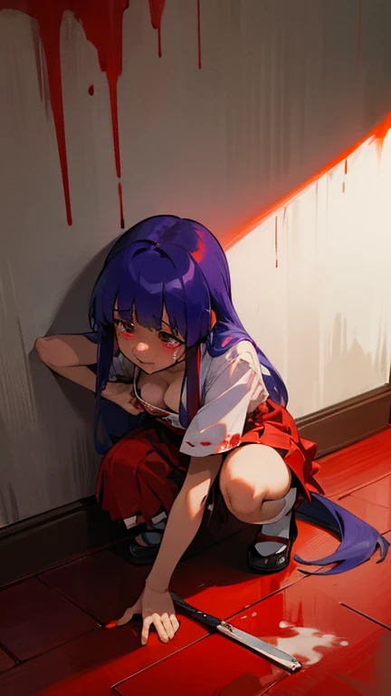 Furude rika crazy girl crazy  socks older long hair shrine maiden red hakamo red skirt cleavage breasts white shirt. stabbed blood knife crying blood on walls, wooden floor blood on ground, blood on walls lots of red liquid spilled on floor. red water on ground