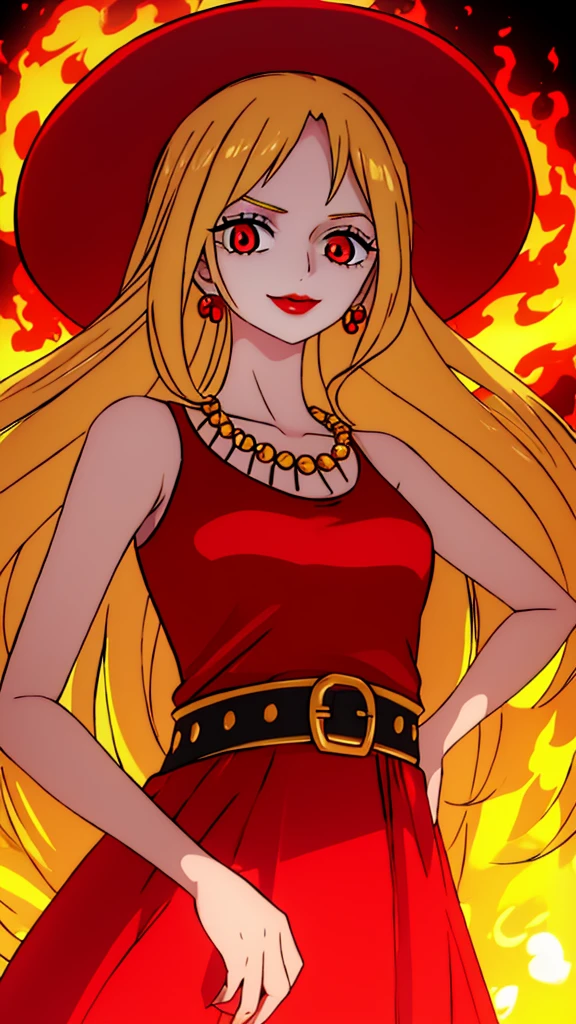 Beautiful anime girl, solo, 1girl, looking at viewer, cute,beautiful, red eyes, long hair, open hair, blonde hair, wearing a strawhat, one piece, smiling, smooth skin, light skin, red lips, anime, best quality, masterpiece, extremely detailed, 4k, red eyes, beautiful red eyes, detailed face, detailed eyes, red dress, golden belt, golden necklace, golden earings, standing, fiery background, stable eyes, extremely beautiful, highres, high quality eyes,