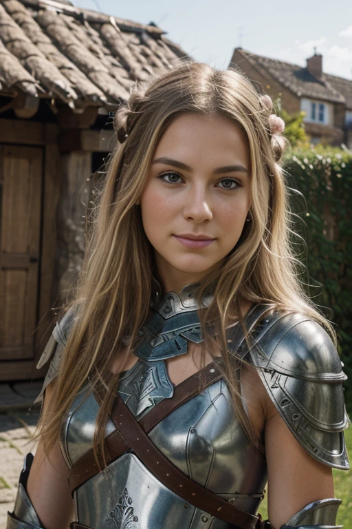 
delicate, poudre de contour, en armure viking (Metal armor, parements en cuirs et en fourrure), intricate details, French touch, cheveux de longueur moyenne, blonde hair with pink highlights, bonne couverture, en plein air (village viking, scandinavie), skin details, pores de la peau, Appareil photo numérique Kodak Smile 10MP, tendance on Behance, HD.