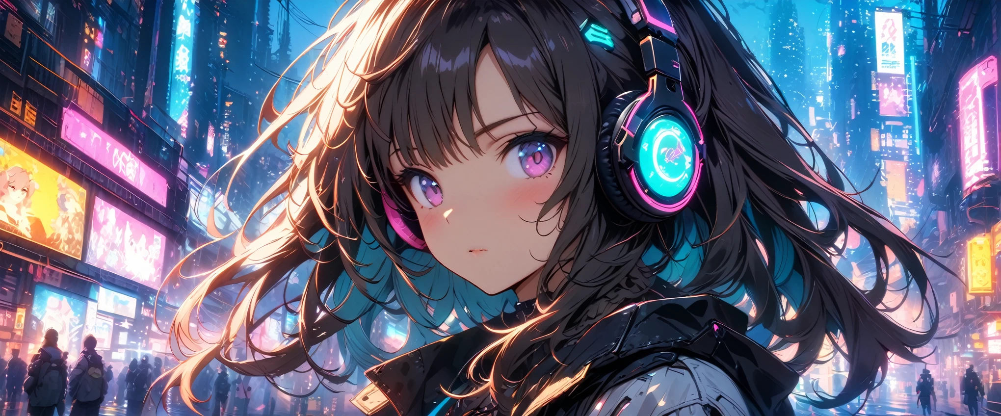 ((masterpiece, highest quality, Best image quality, High resolution)), ((Highly detailed CG synthesis 8k wallpaper)), Anime girl with futuristic hair and headphones in front of a city, Digital Cyberpunk anime art, Cyberpunk Anime Girl, Digital Cyberpunk - Anime Art, Dreamy Cyberpunk Girl, female Cyberpunk Anime Girl, Cyberpunk art style, Portrait of a cyberpunk girl, anime cyberpunk art, Anime Style 4K, Cyberpunk beautiful girl, Cyberpunk atmosphere, Cute Cyborg Girl, Cyberpunk anime art, Anime Style. 8k、Close-up face