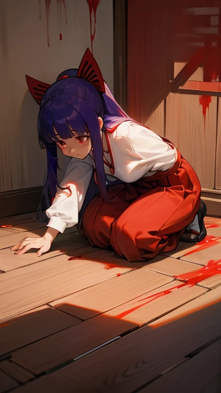 Furude rika crazy girl crazy  socks older long hair shrine maiden red hakamo red skirt  breasts white shirt. stabbed blood knife crying blood on walls, wooden floor blood on ground, blood on walls lots of red liquid spilled on floor. red water on ground