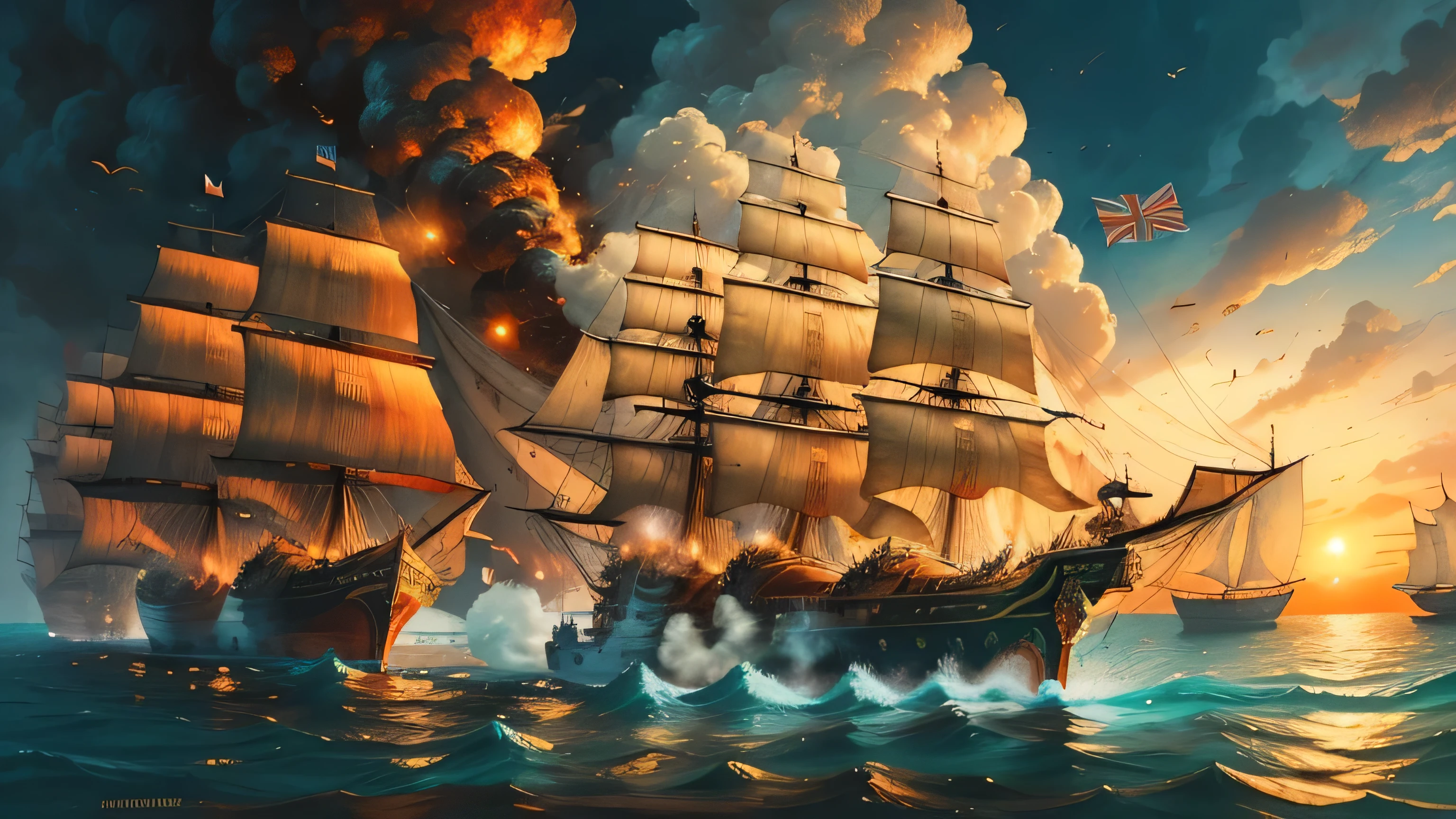 4K Historical Illustration, The Anglo-Zanzibar War of 1896, Ambitious Composition, Majestic, Regal, Zanzibar Sultan's Palace, Intense, Loyalists, Uniformed Soldiers, Palm Trees, Sunset, Red and Gold Colors, Dynamic, The British Fleet Arrives, Majestic Sails, Cannon Fire, Explosions, Smoke, Rich Detail, Vibrant Textures, Realistic Lighting, Dramatic Perspective, Historical Significance, Classic Composition, Honorable Defiance, Heroes and Villains, Glorious Victory, Detailed Background, Archae