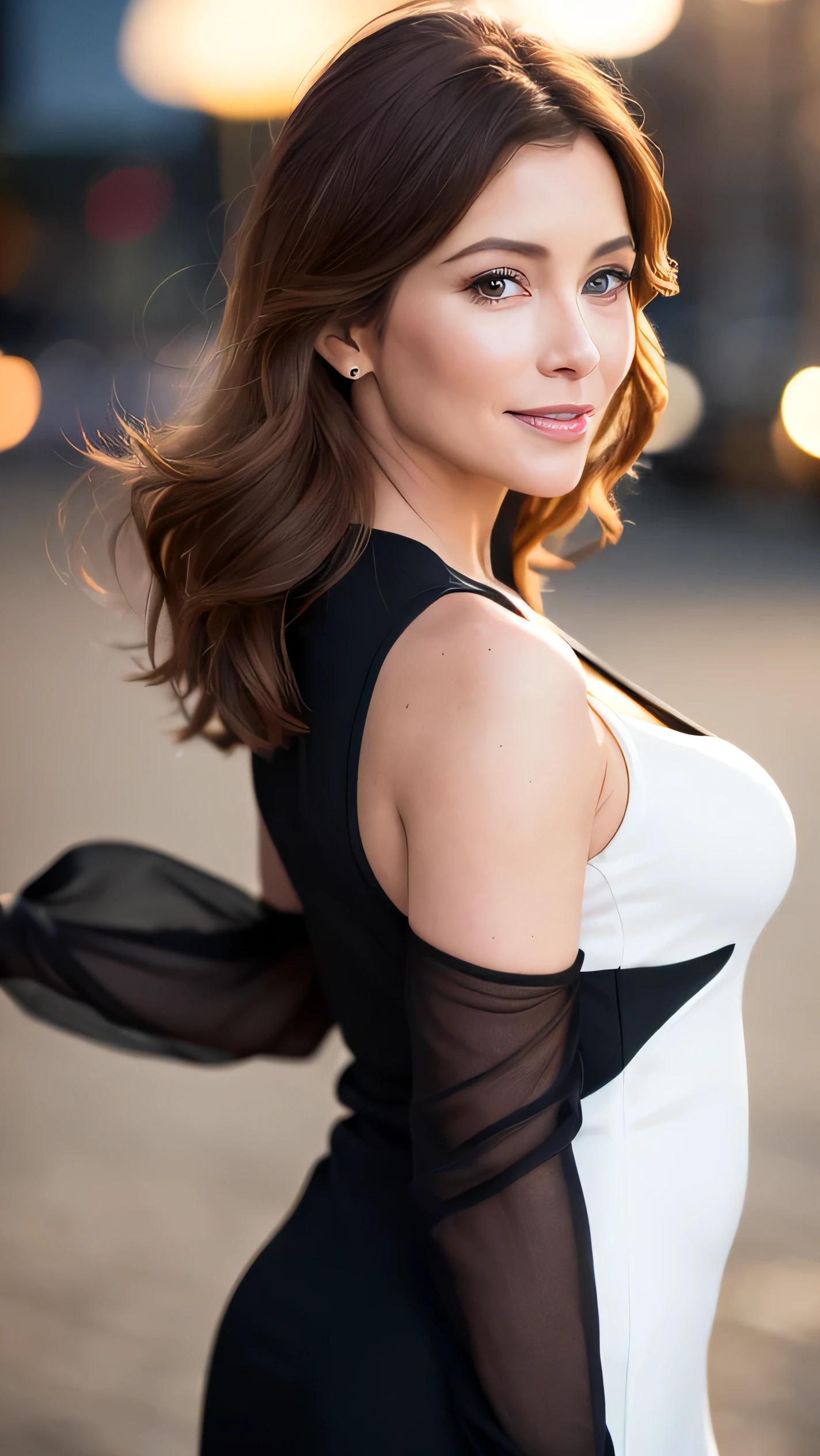 Caucasian brown haired woman, 60 years old, goddess, bloom, Lens flare, (8k, to be born, Professional, highest quality, masterpiece:1.2), (Realistic,photoRealistic:1.37), Very detailed, Back view, (25mm portrait wide angle), (Most detailed skin:1.2), (The most detailed face:1.2), Cinema Lighting, 1 female, European, Straight brown hair, (the wind is strong), Death Files on Fashion Events, ((At night)) Warm White Light, Looking at the camera, ((Fashion Complex Black Dress)), polite smile