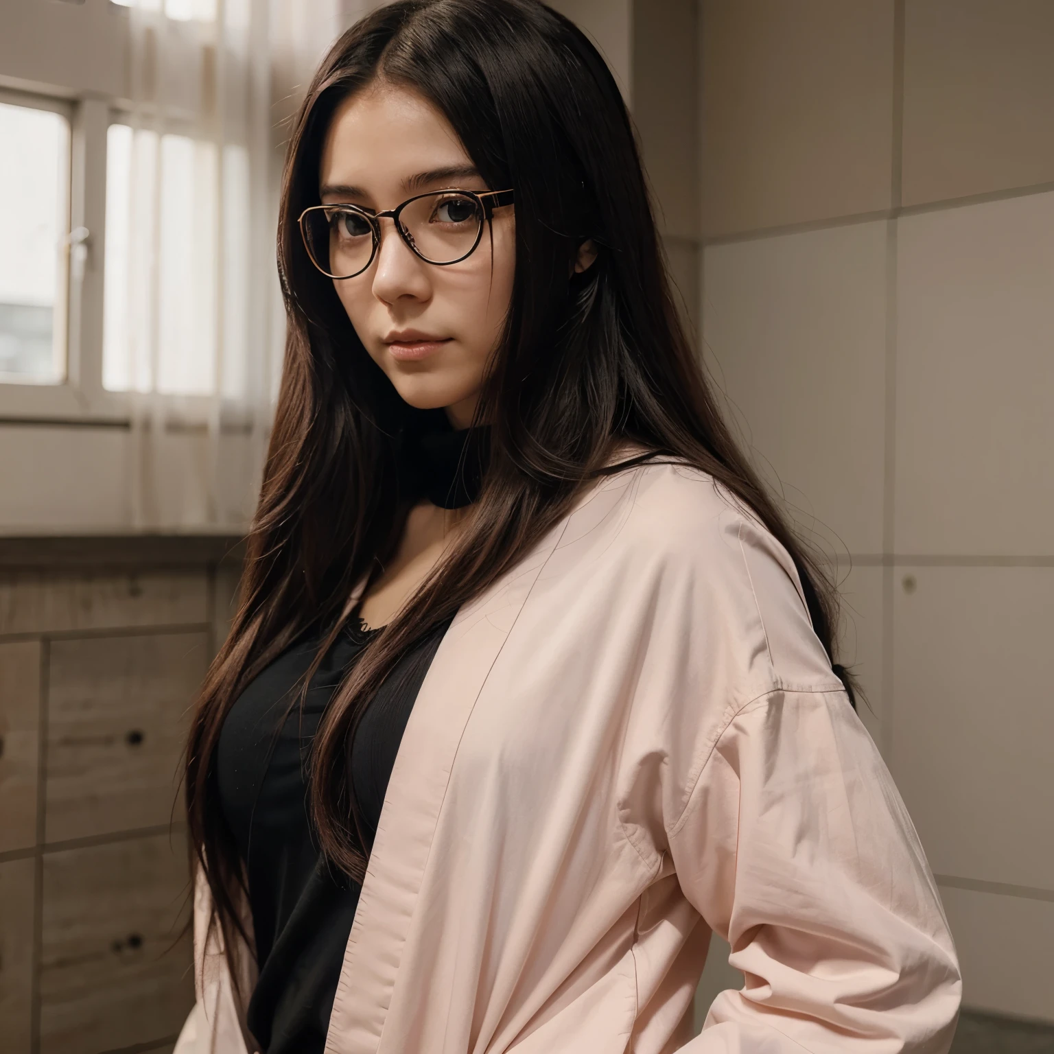 anime girl with glasses and long hair, cabelo rosa escuro e olhos azuis claro, com roupa de jujutsu kaisen