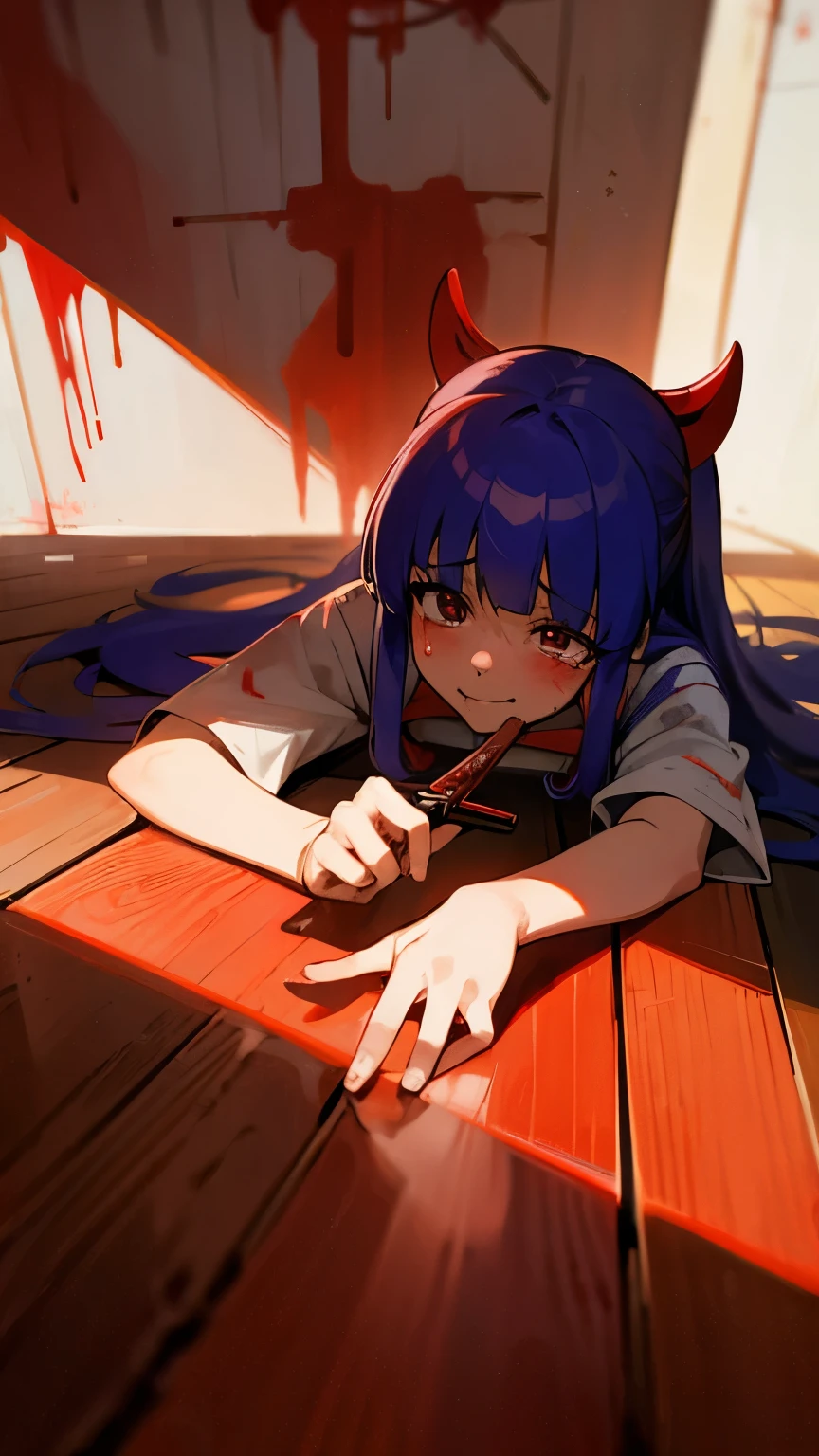 Furude rika crazy girl crazy  socks older long hair shrine maiden red hakamo red skirt  breasts white shirt. stabbed blood knife crying blood on walls, wooden floor blood on ground, blood on walls lots of red liquid spilled on floor. red water on ground