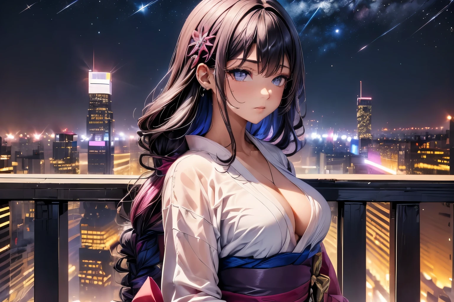 anime, (obra de arte, melhor qualidade, ultra-detalhado, alto contraste), 1 mulher (Sozinho, corpo todo, corpo plus size, standing on the edge of the skyscraper, cabelo prateado, CABELO LONGO E FLUXO, olhos vermelhos brilhantes de rubi, (Kimono preto, black cybernetics with neon pink), meias pretas transparentes), (skyscraper roof, com vista para uma cidade, fundo detalhado ((night time, Darkness, low light pollution)))