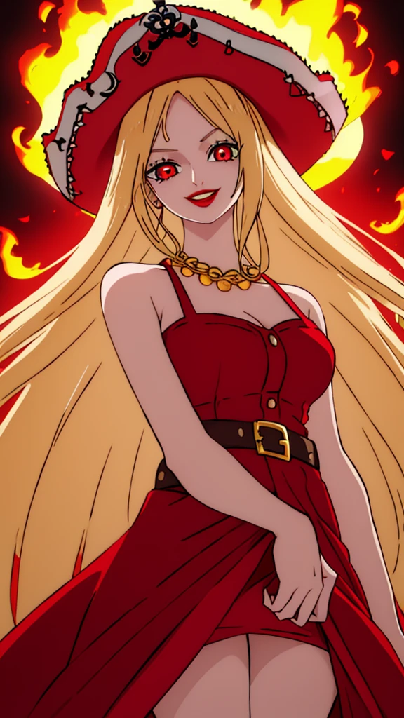 Beautiful anime girl, solo, 1girl, looking at viewer, cute,beautiful, red eyes, long hair, open hair, blonde hair, wearing a strawhat, one piece, smiling, smooth skin, light skin, red lips, anime, best quality, masterpiece, extremely detailed, 4k, red eyes, beautiful red eyes, detailed face, detailed eyes, red dress, golden belt, golden necklace, golden earings, standing, fiery background, stable eyes, extremely beautiful, highres, high quality eyes, pirate
