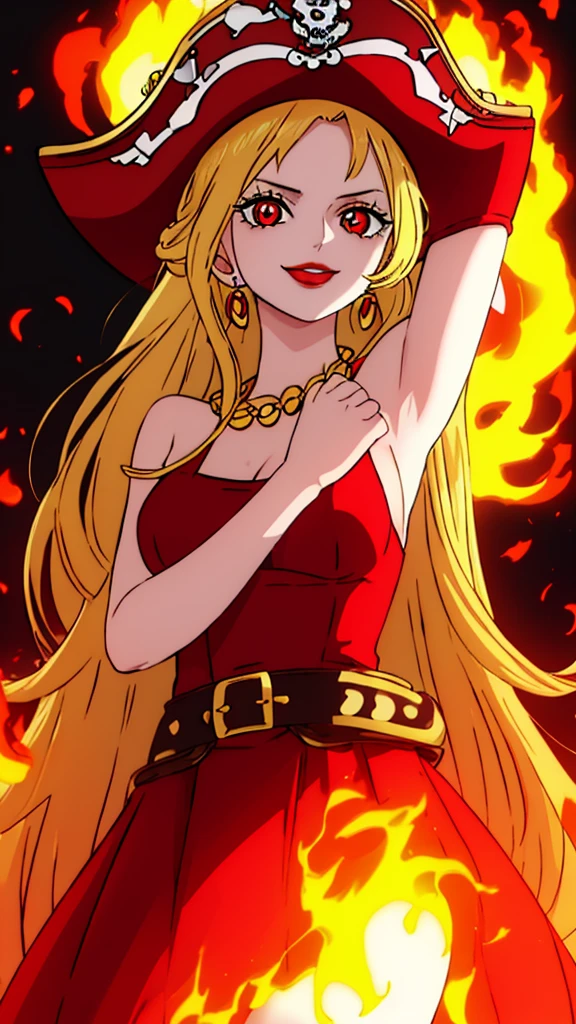 Beautiful anime girl, solo, 1girl, looking at viewer, cute,beautiful, red eyes, long hair, open hair, blonde hair, wearing a strawhat, one piece, smiling, smooth skin, light skin, red lips, anime, best quality, masterpiece, extremely detailed, 4k, red eyes, beautiful red eyes, detailed face, detailed eyes, red dress, golden belt, golden necklace, golden earings, standing, fiery background, stable eyes, extremely beautiful, highres, high quality eyes, pirate