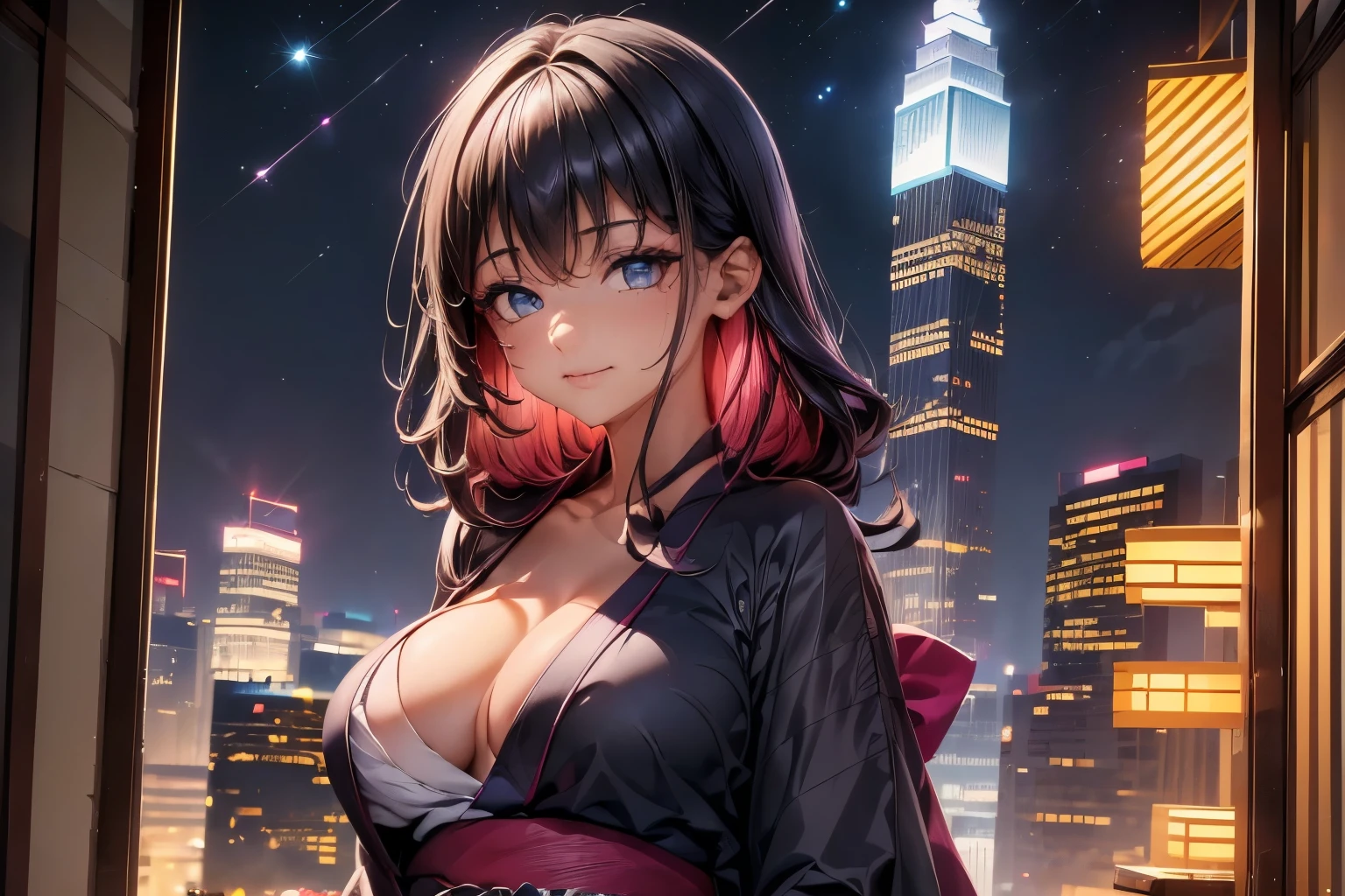 anime, (obra de arte, melhor qualidade, ultra-detalhado, alto contraste), 1 mulher (Sozinho, corpo todo, corpo plus size, standing on the edge of the skyscraper, cabelo prateado, CABELO LONGO E FLUXO, olhos vermelhos brilhantes de rubi, (Kimono preto, black cybernetics with neon pink), meias pretas transparentes), (skyscraper roof, com vista para uma cidade, fundo detalhado ((night time, Darkness, low light pollution)))