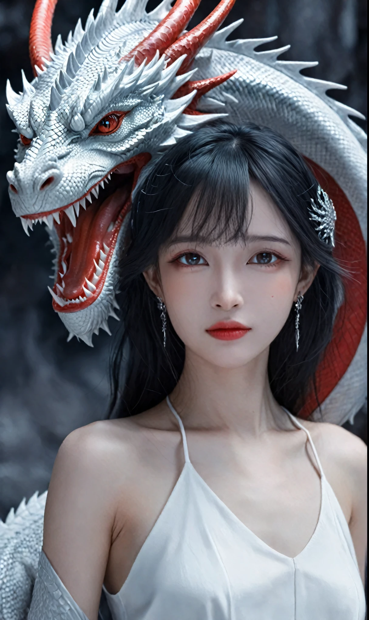 Female, fantasy, art, black, White, Red, Dragon, by Yang J, dark fantasy style art, Epic fantasy art style, 2. 5 D CGI anime fantasy artwork, Fantasy art style, Fanart Meilleure ArtStation, Epic fantasy art style HD, 4K fantasy art