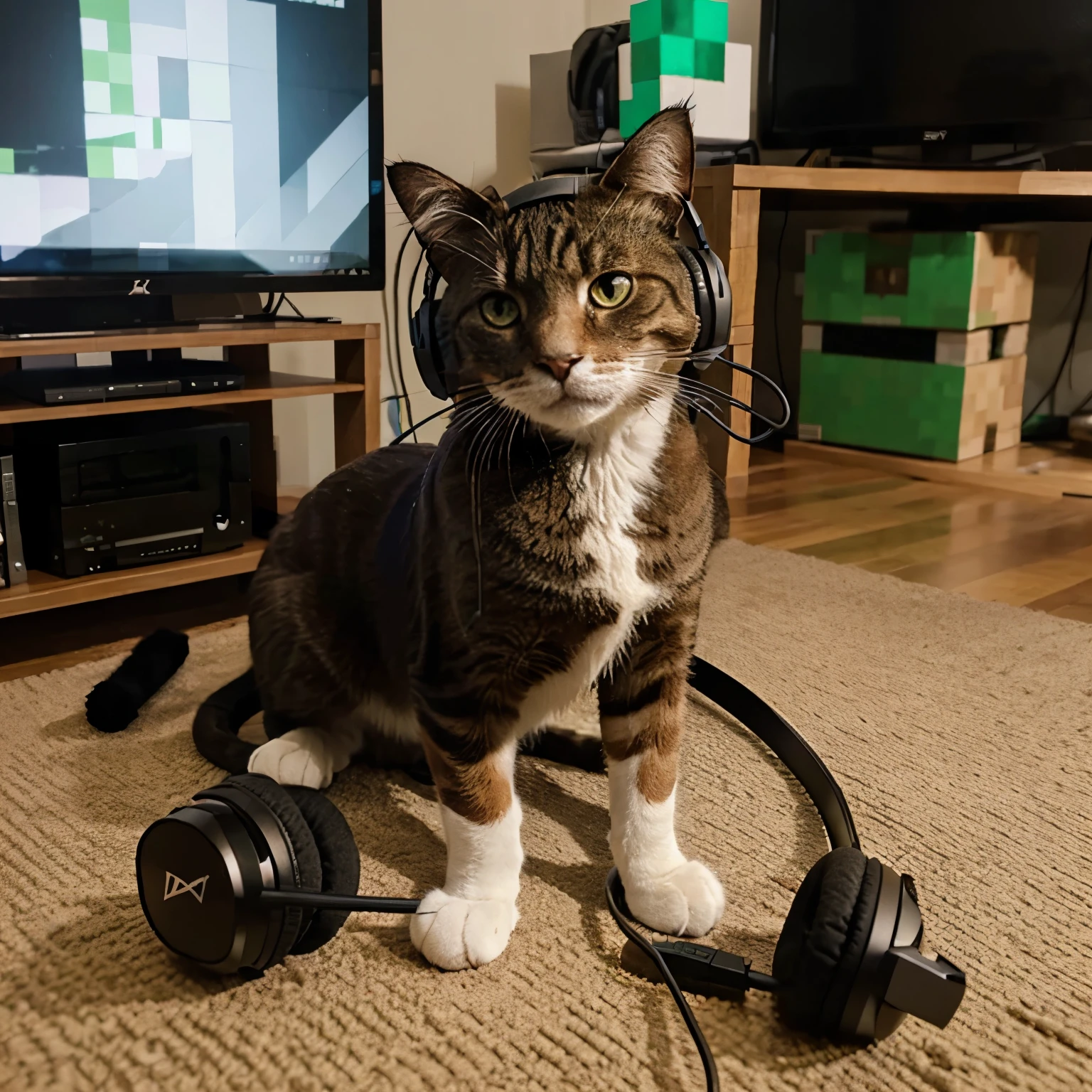 Cat with headphones playing Minecraft on X box one