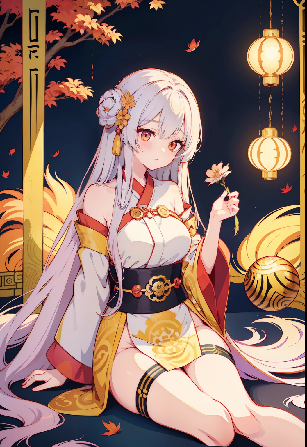 a painting of a woman with long hair and a flower in her hand, korean art nouveau anime, japanese goddess, flowing hair and long robes, anime fantasy illustration, inspired by Sōami, akira from chinese mythology, japanese art style, a beautiful kitsune woman, inspired by Nōami, inspired by Tsukioka Yoshitoshi, autumnal empress