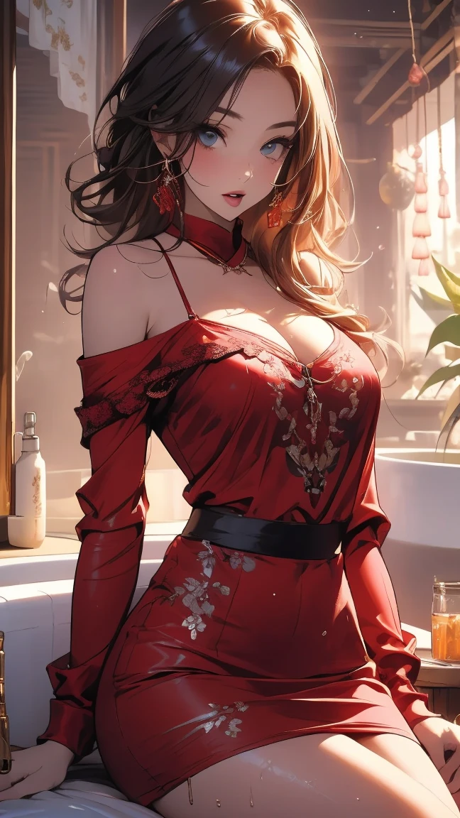 masterpiece,8K,high quality,full body:1.7,Clean blue eyes,open mouth,thin clothes,Very calm and gentle look,Huge bursting breasts,,biggest breasts,Tight waist,A beautiful, shiny, sheer, bright pink dress,,Sheer off-the-shoulder light pink thin lace camisole,red tieek,Long wavy shiny pink hair,Beautifully detailed body, Chinese Sexy Women,Wide-angle landscape photography:1.6,in the bath up to waist,very wet skin,water