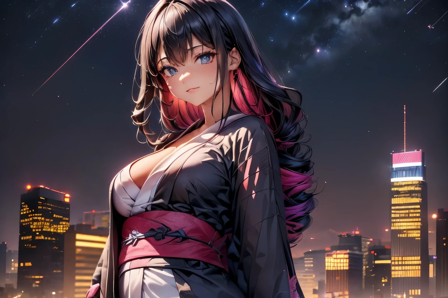 anime, (obra de arte, melhor qualidade, ultra-detalhado, alto contraste), 1 mulher (Sozinho, corpo todo, corpo plus size, standing on the edge of the skyscraper, cabelo prateado, CABELO LONGO E FLUXO, olhos vermelhos brilhantes de rubi, (Kimono preto, black cybernetics with neon pink), meias pretas transparentes), (skyscraper roof, com vista para uma cidade, fundo detalhado ((night time, Darkness, low light pollution)))