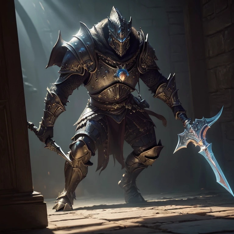 (master piece:1.5), (best quality:1.5), (exquisite lighting and shadow, highly dramatic picture, cinematic lens effect) (Photorealistic picture) (Card game image) 8k, wallpaper, dynamic pose, full body dinosaur paladin, holding two axes, dark dungeon background, sharp focus, highly detailed, realistic, cinematic lighting, studio quality