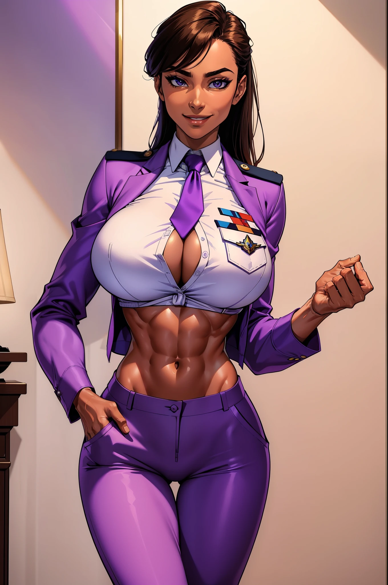 Five-fingered、Colossal 、1 Female Alafe Air Force Officer、thin and long legs,、Fitness Model、musculature、abdominaletallic white shirt with breast pocket、Purple jacket and long trousers、neck tie、Class Chapters、decoration、skin tanned、glistning skin、Cool smile、Pose ready to fight