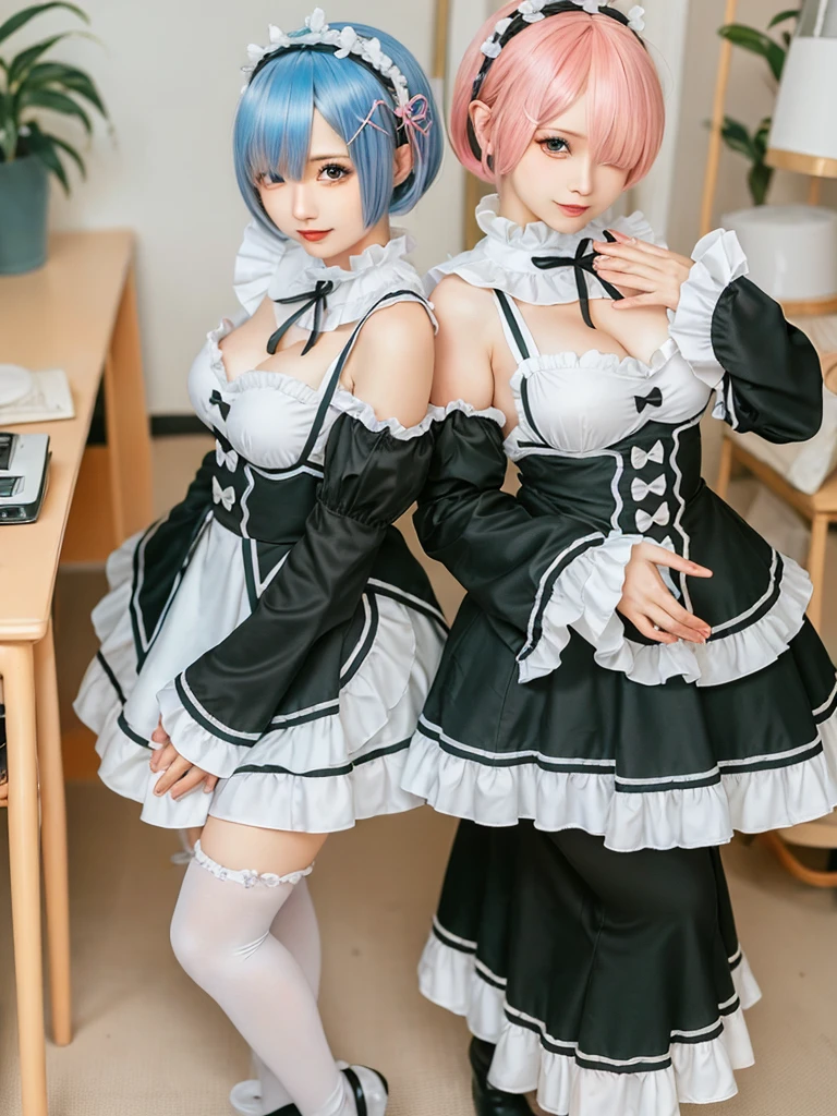 (8K, Photorealistic, Raw photo, of the highest quality: 1.3), (1girl in), Super beautiful, (Realistic face), (boyish, pink Color Berry Shorthair), Beautiful , Glare that captivates the viewer, Beautiful expression, Beautiful breasts, (Realistic skin), Be...Create a detailed and colorful image of Ram and Rem from Re:Zero, standing back-to-back in their maid outfits, with a magical fantasy background、14years old, two girls,cute, perfect face, beautiful, nice body, gothic lolita clothes, gothic lolita fashion, frilly skirt, headdress, necklace, bracelet, knee-high socks, boots, double eyelids, tear bags, Detailed down to the fingers, photo-like description, indoors, dim indoor lighting, one girl is pink hair and short bob, another girl is light blue hair and short bob,standing,whole body, composition that shows the whole body, smiling,The Both of them are wearing the same type of maid outfit,Optimal ratio of 4 fingers and 1 thumb