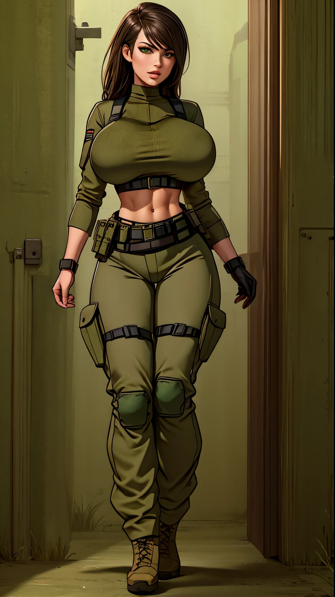 Sexy Woman Big Breasts Athletic Body Nude Tactical Belt Pants Military Green 