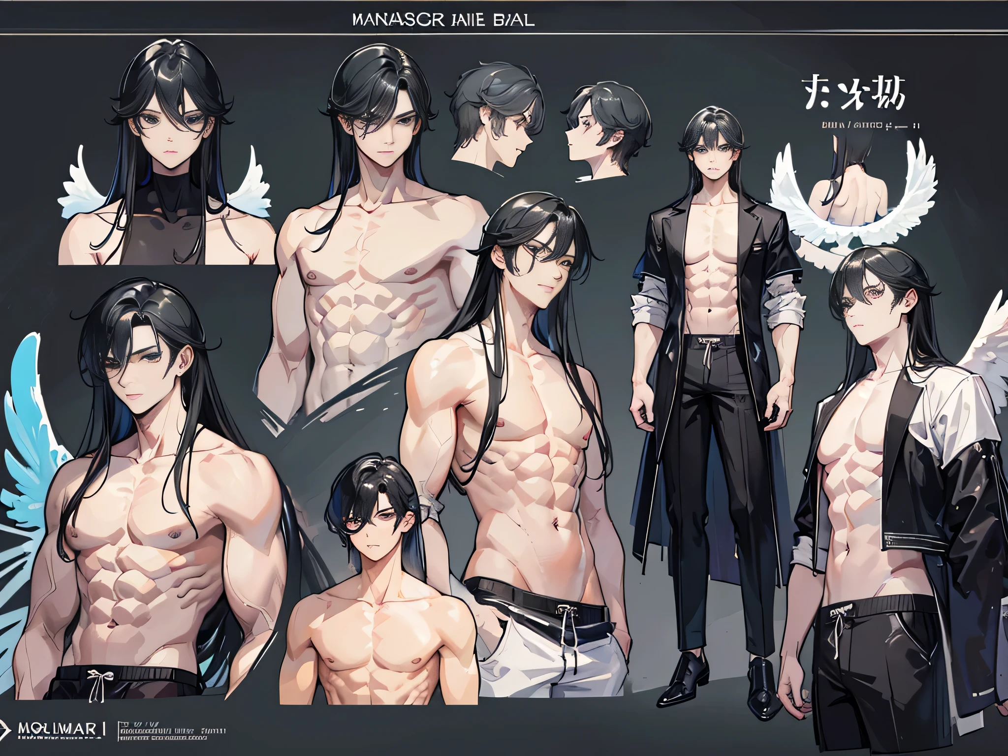 ((Masterpiece, Highest quality)), Male, boy, Detailed face, character design sheet, full bodyesbian, Full of details, frontal body view, back body view, Highly detailed, Depth, Many parts, angel wings, black hair, angel outfit, Muscle boy with black long hair bangs,handsome man, male angel , man tall, pectoral muscle, abs
