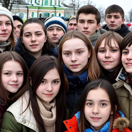 group of young russians gathered, focus on face.